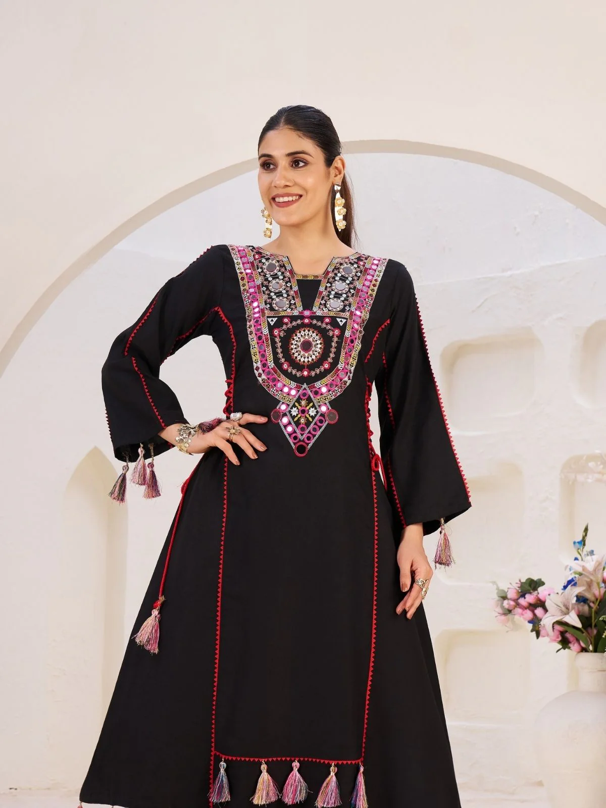 Odette Black Rayon Embroidered Stitched Kurta Set For Women - Image 4