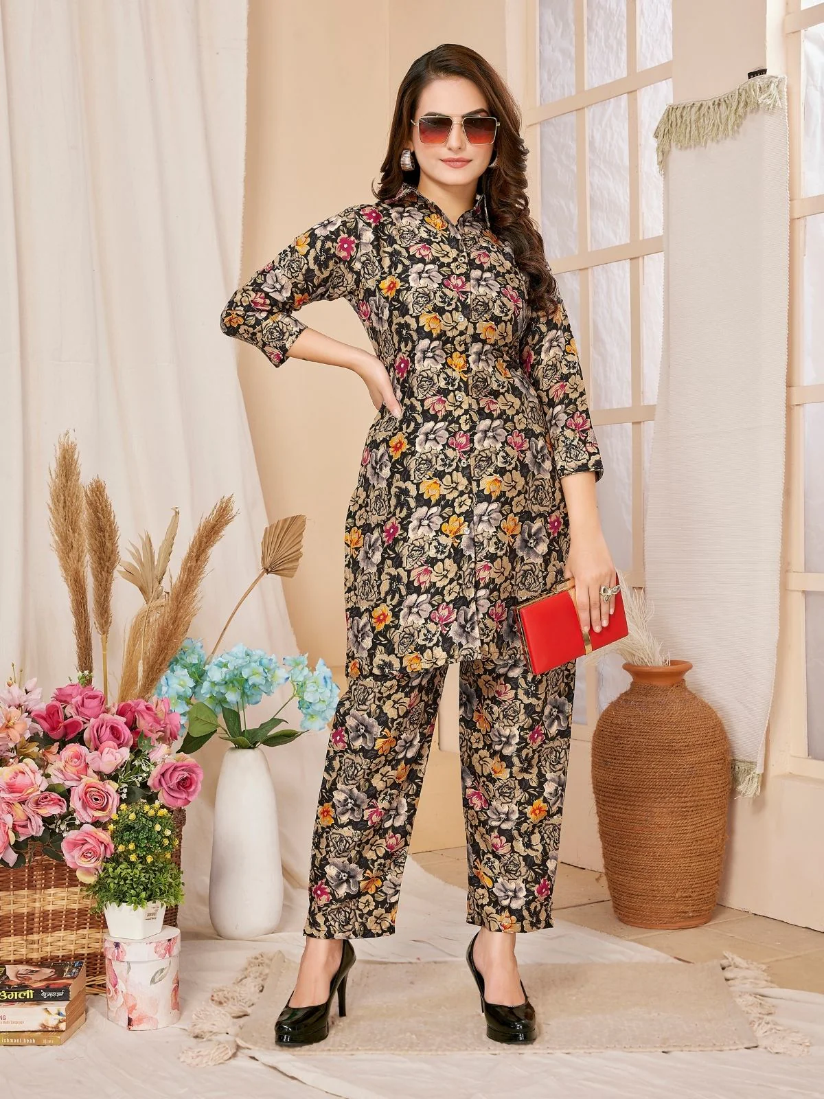 Odette Black Rayon Floral Printed Semi-Stitched Co-Ord Set For Women - Image 2