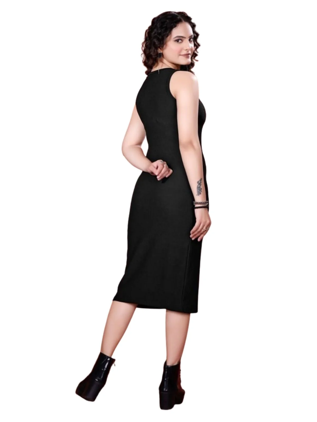 Odette Black Ribbed Knit Solid Dresses For Women - Image 3