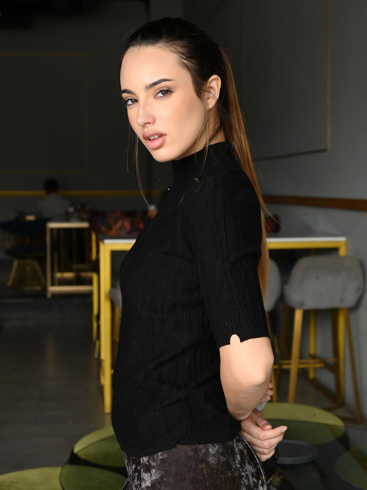 Odette Black Ribbed Polyester Shimmer Top For Women - Image 3