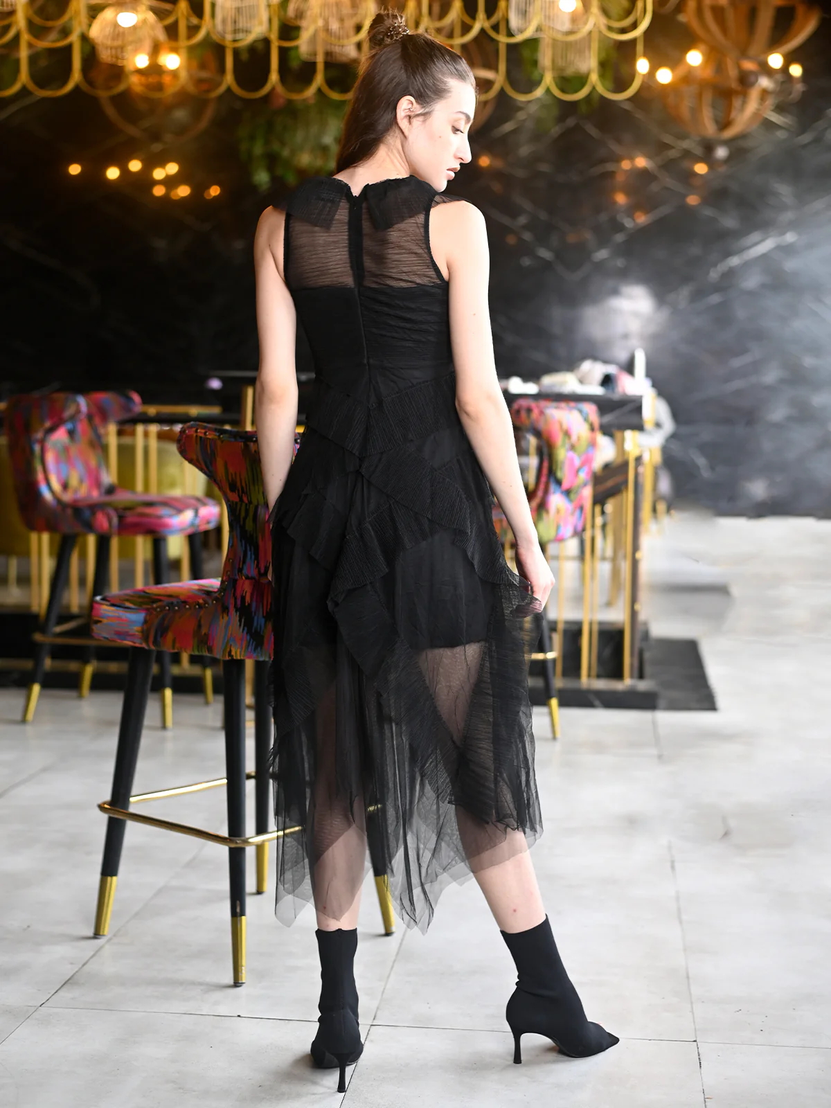 Odette Black Ruffled Net Western Dress For Women - Image 4