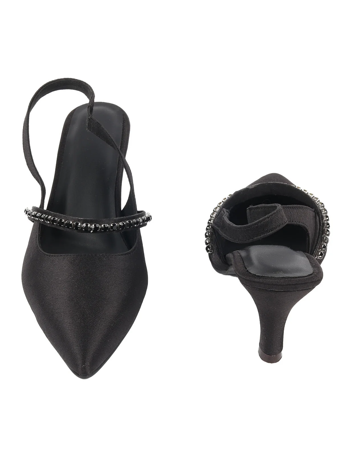 Odette Black Satin Embellished Shoes For Women - Image 4