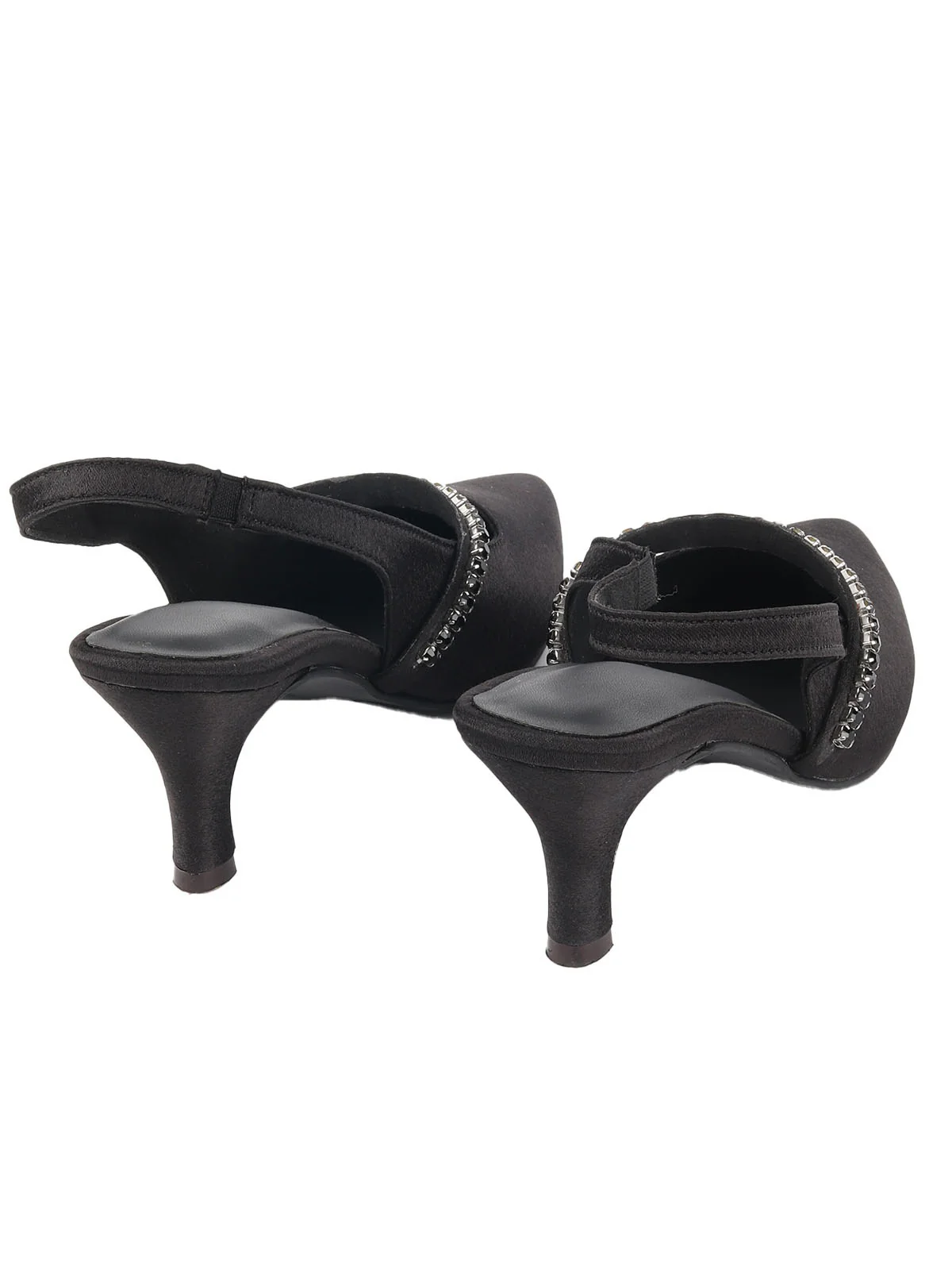 Odette Black Satin Embellished Shoes For Women - Image 7