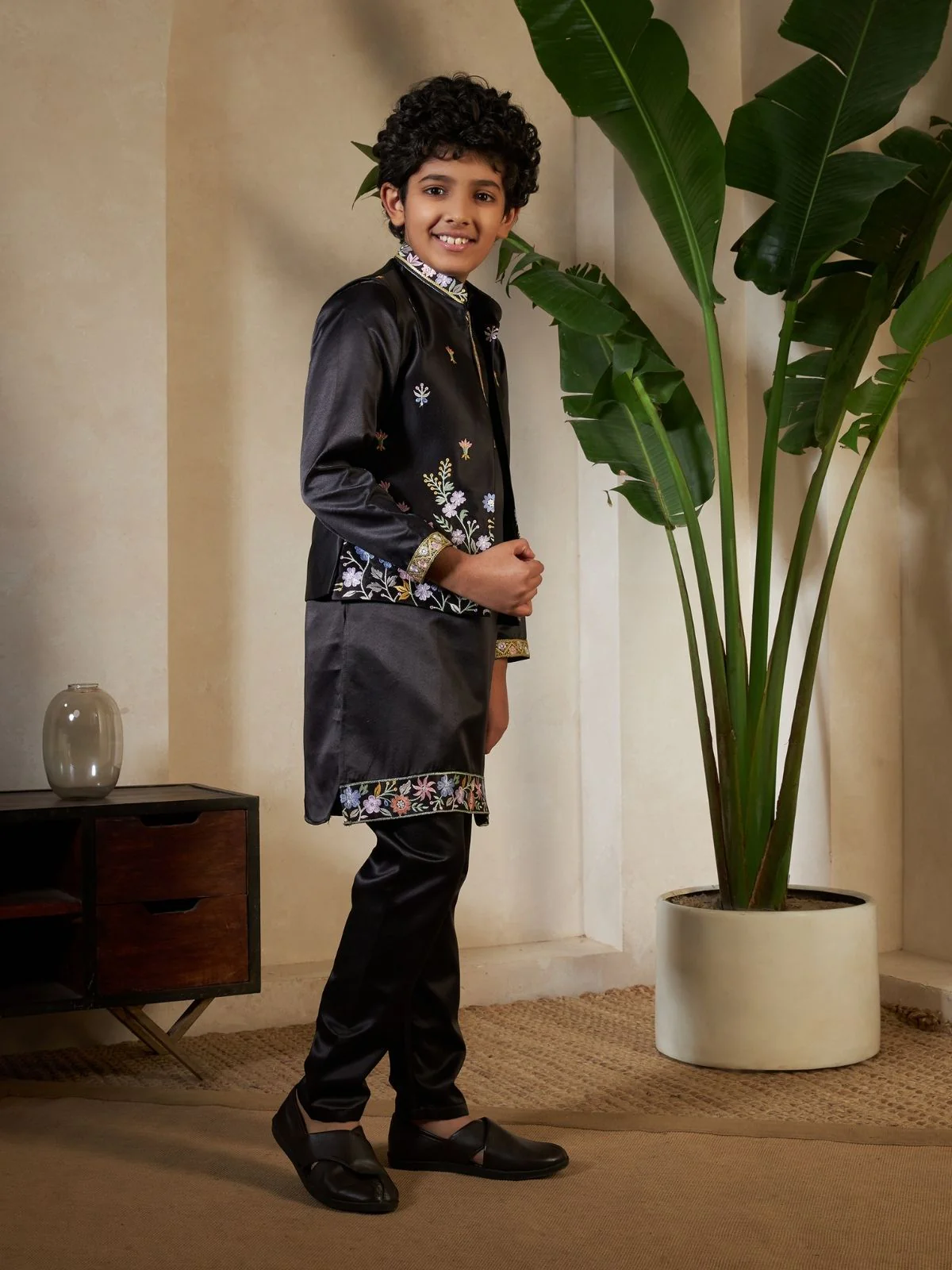 Odette Black Satin Embellished Stitched Kurta Set For Kids - Image 2