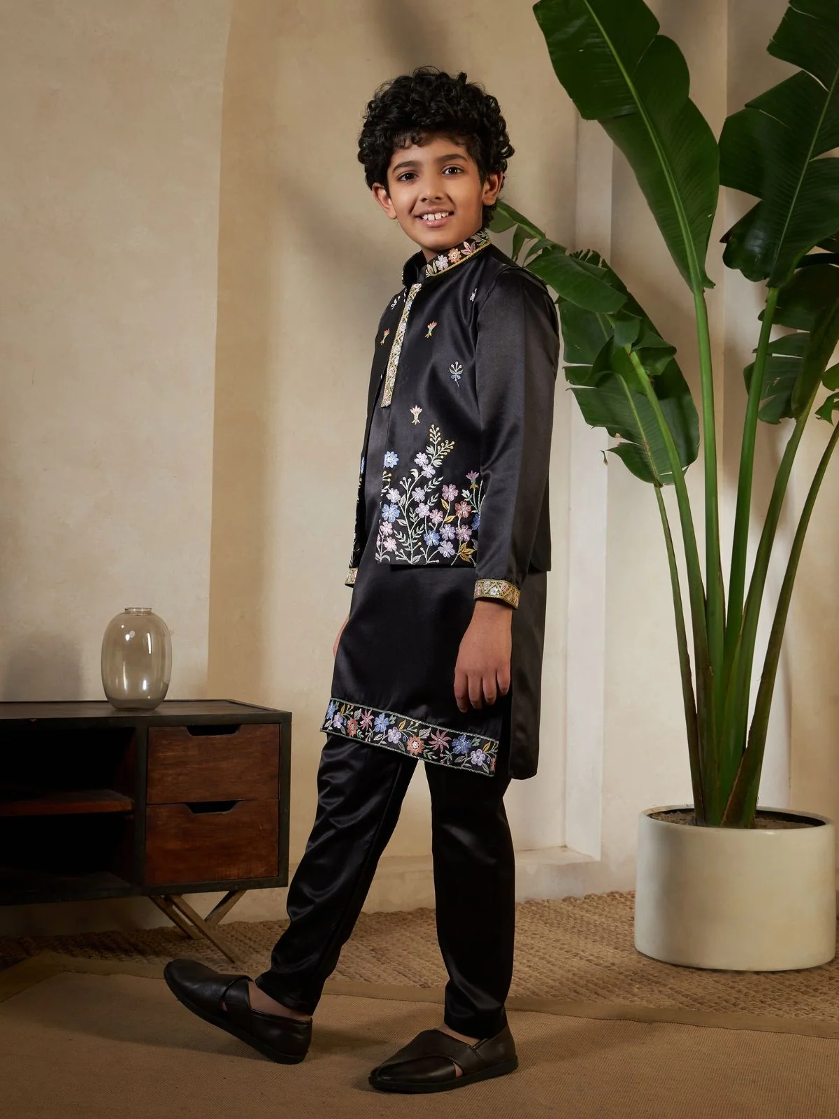 Odette Black Satin Embellished Stitched Kurta Set For Kids - Image 3