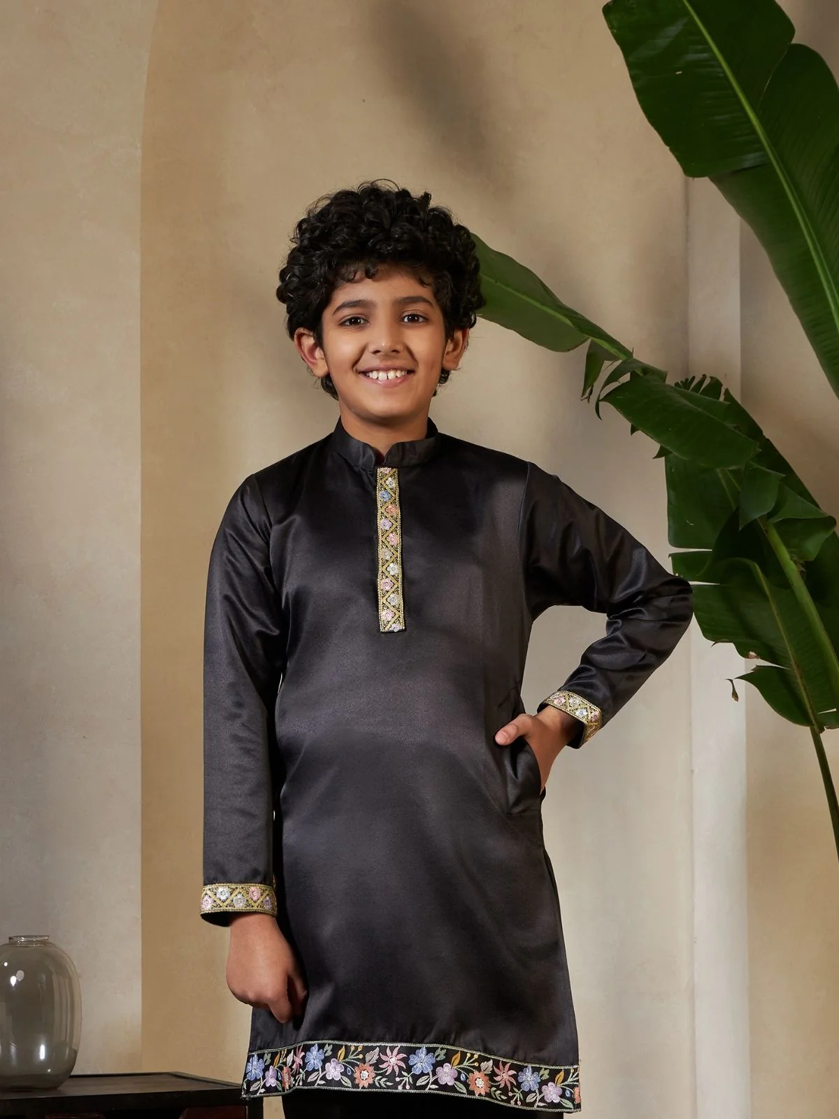 Odette Black Satin Embellished Stitched Kurta Set For Kids - Image 5