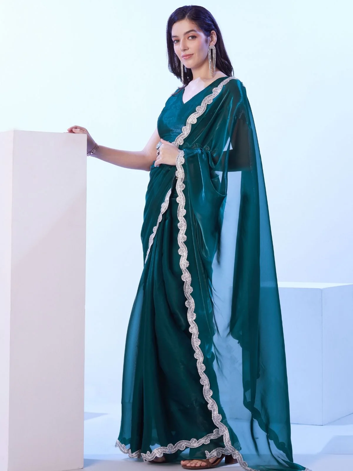 Odette Black Satin Lace Work Saree With Unstitched Blouse For Women - Image 2