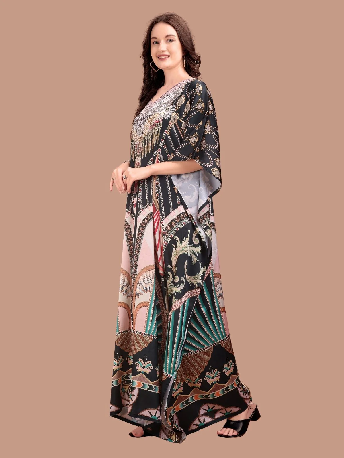 Odette Black Satin Printed Kaftan For Women - Image 2