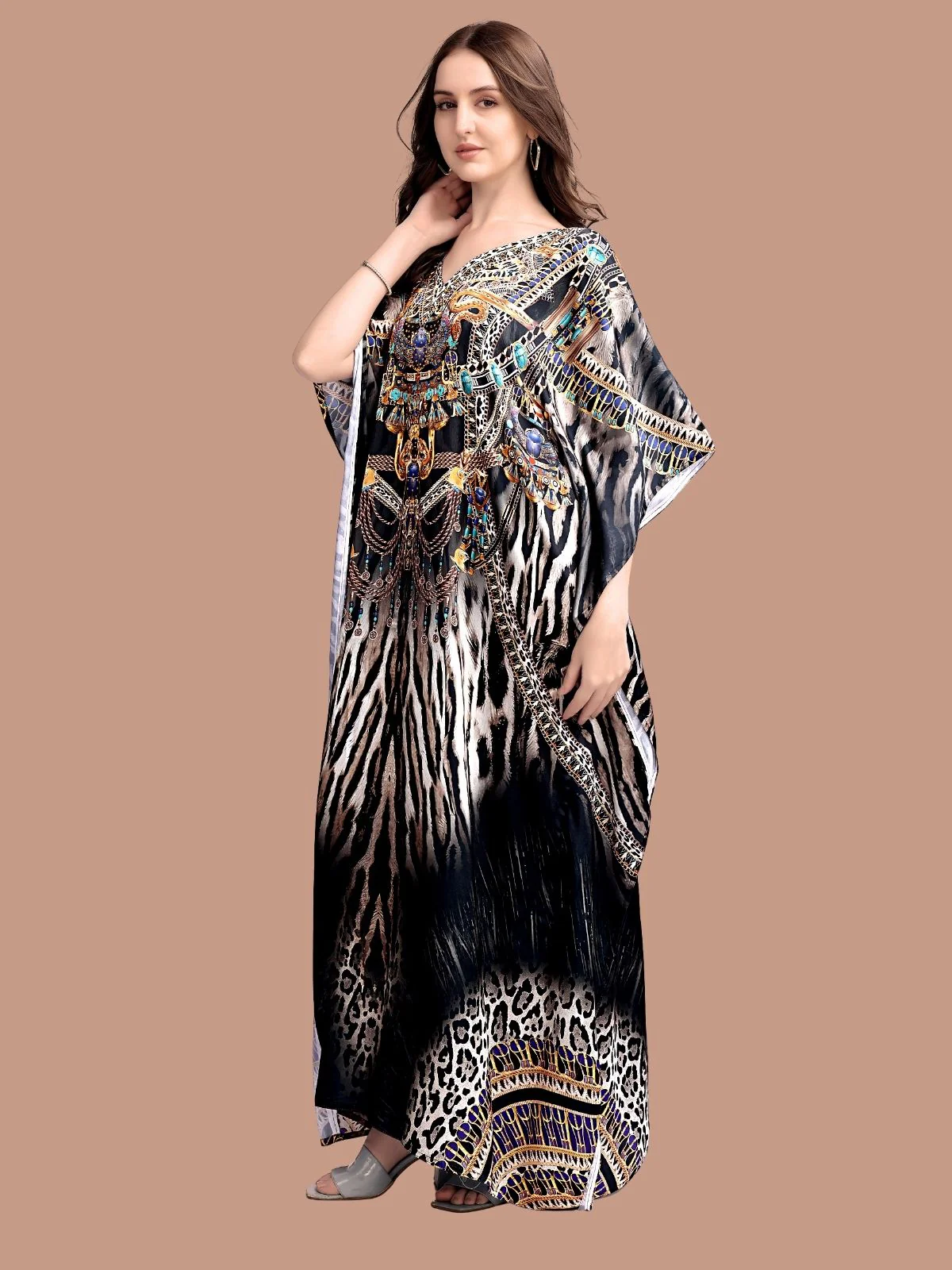 Odette Black Satin Printed Kaftan For Women - Image 2
