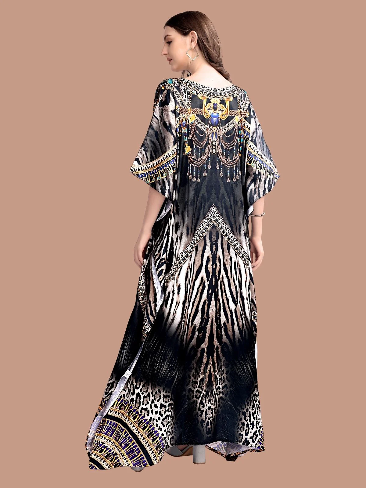 Odette Black Satin Printed Kaftan For Women - Image 3