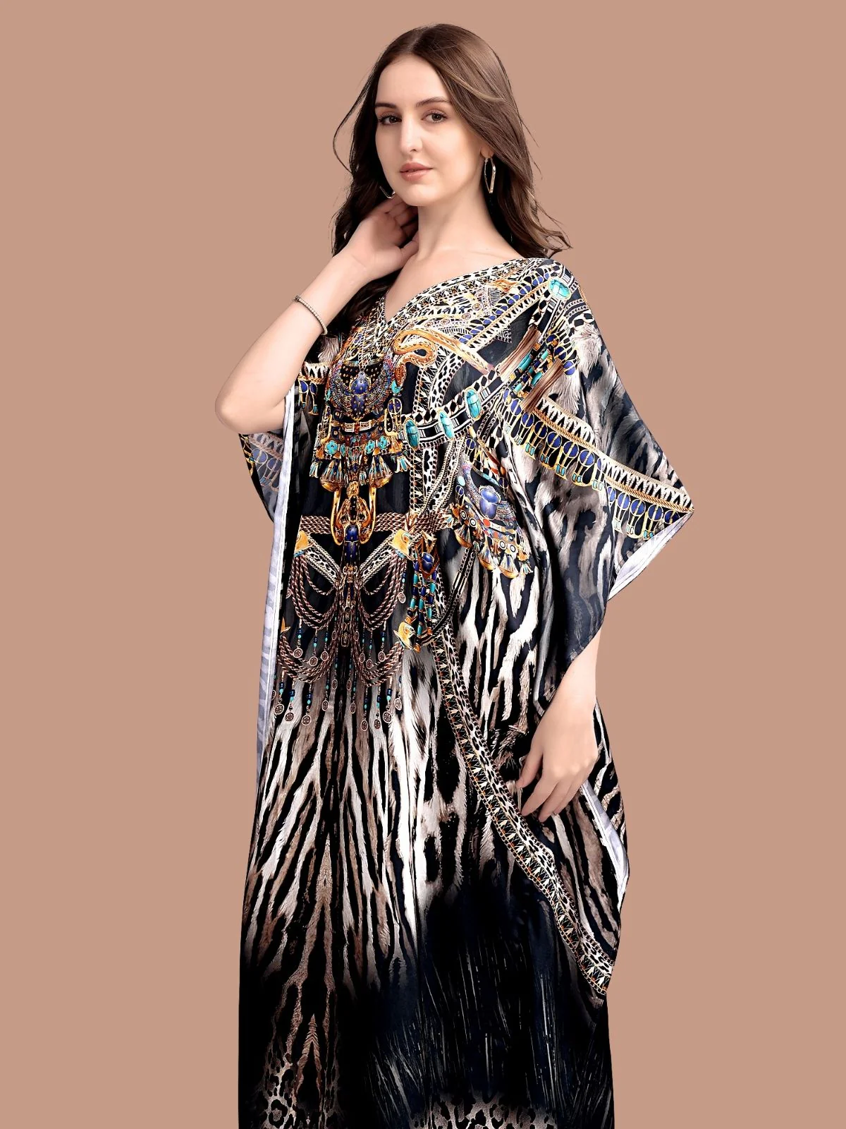 Odette Black Satin Printed Kaftan For Women - Image 4
