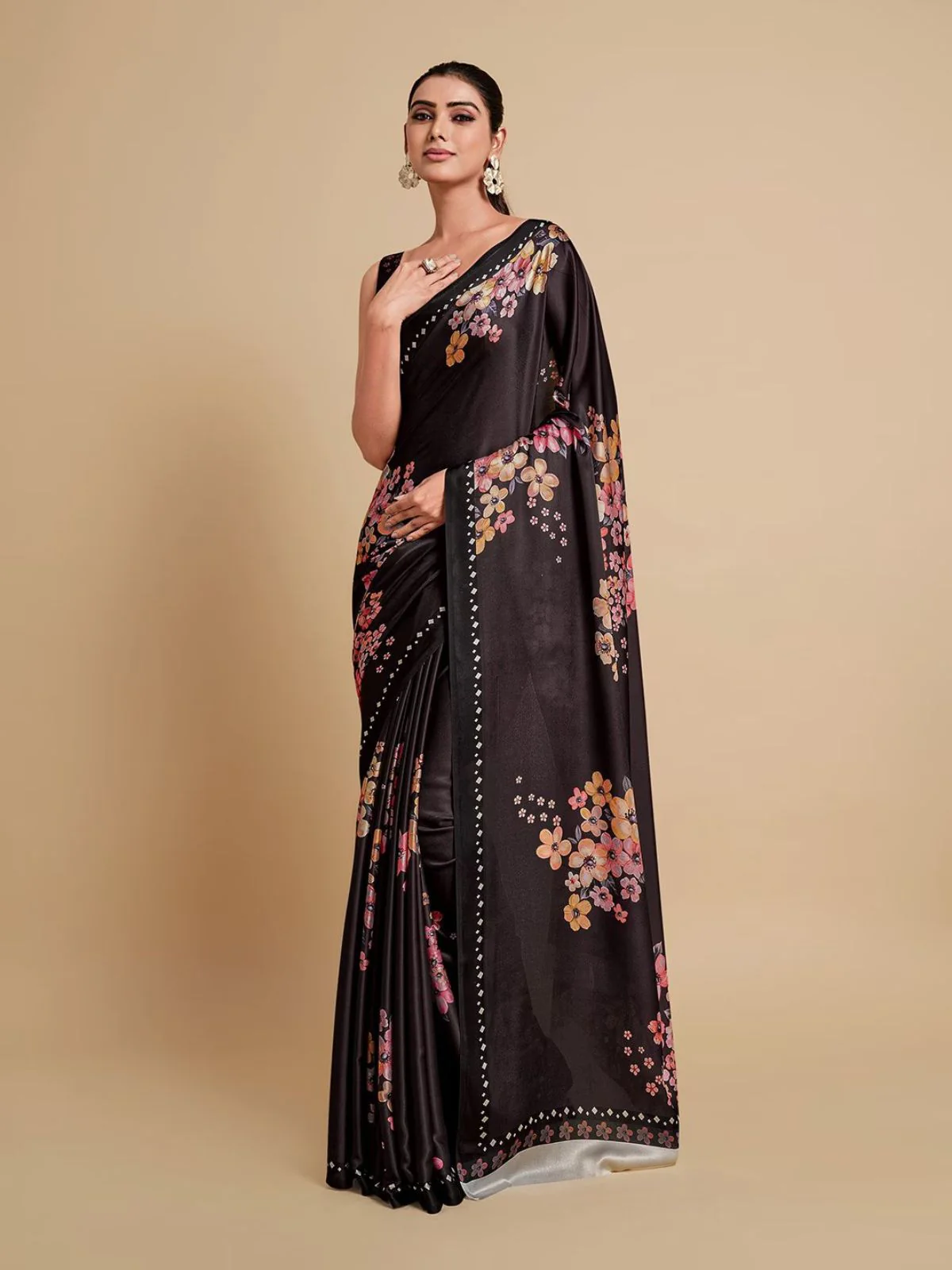 Odette Black Satin Printed Saree With Unstitched Blouse For Women - Image 3