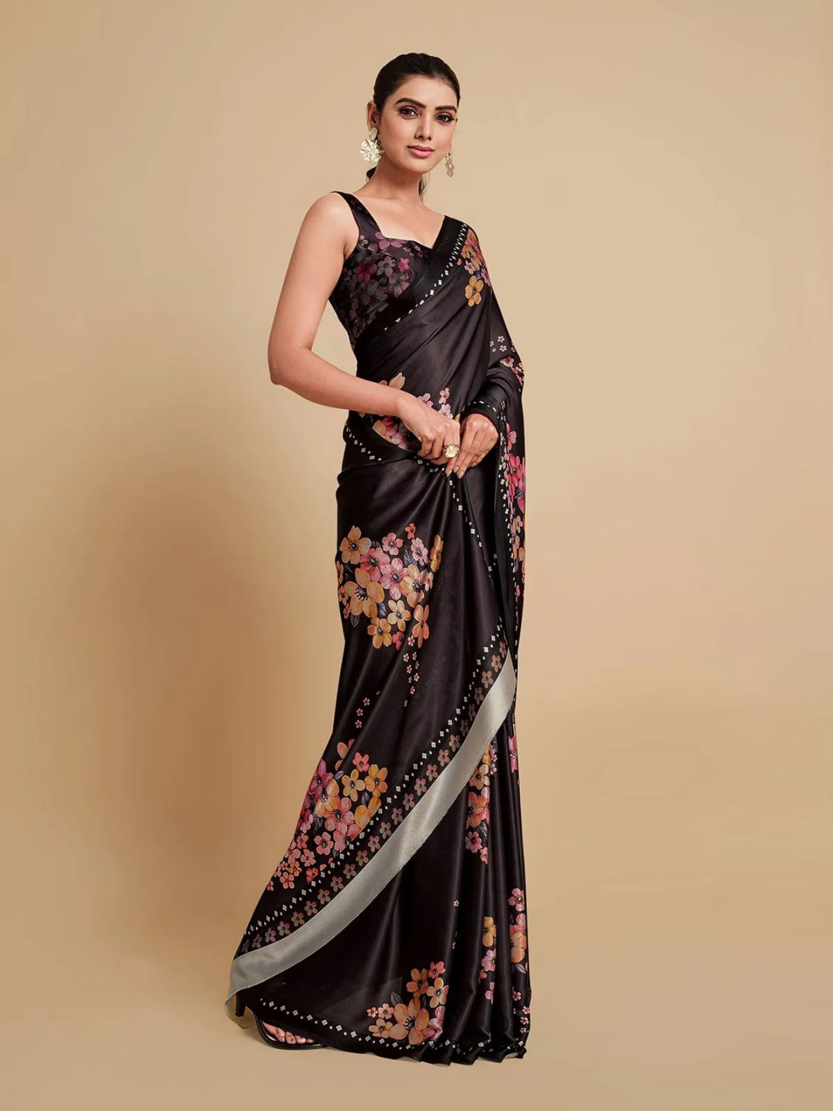 Odette Black Satin Printed Saree With Unstitched Blouse For Women - Image 5