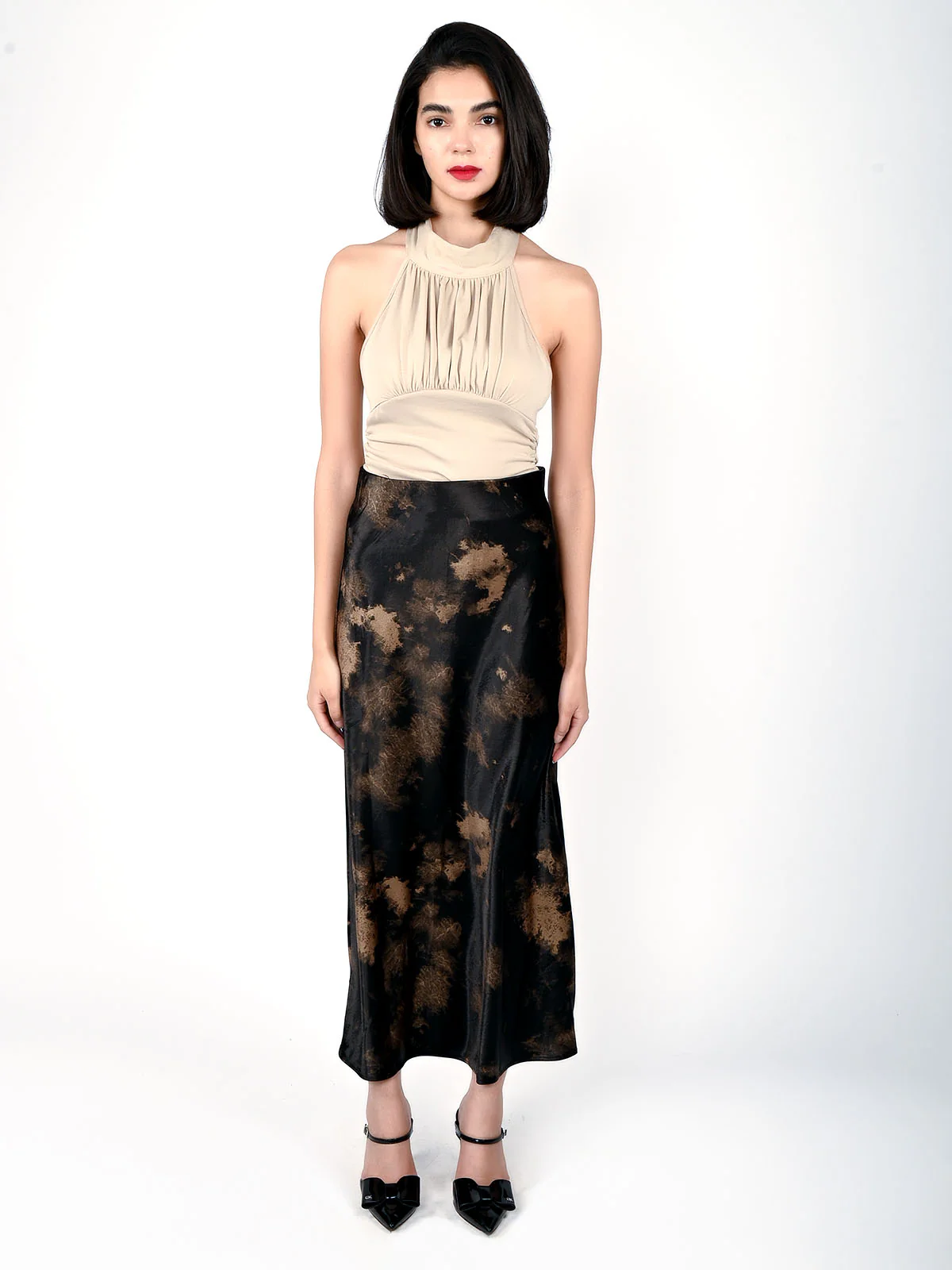 Odette Black Satin Printed Skirt For Women - Image 5