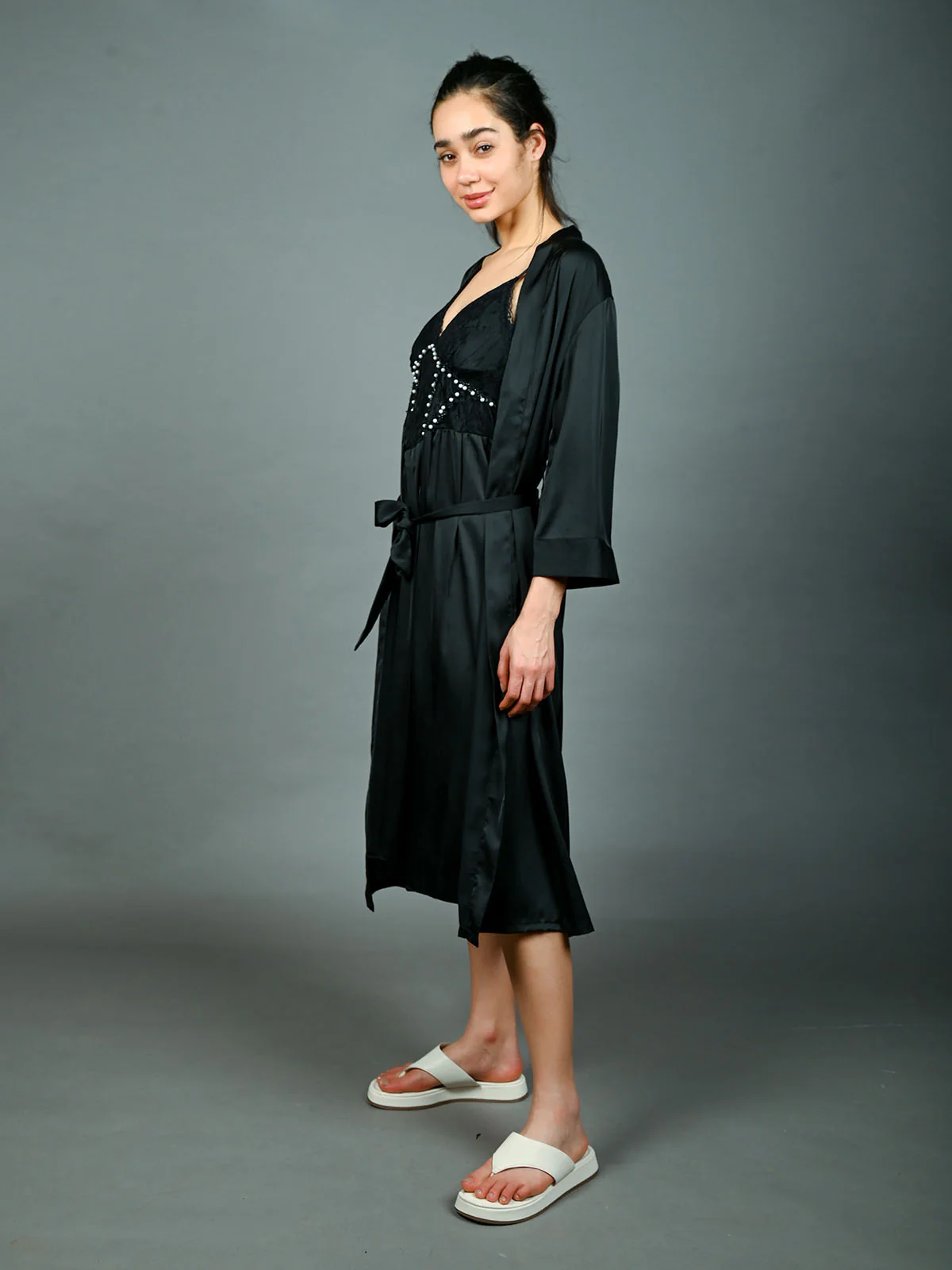 Odette Black Satin Solid With Bead Work Night Wear For Women - Image 2