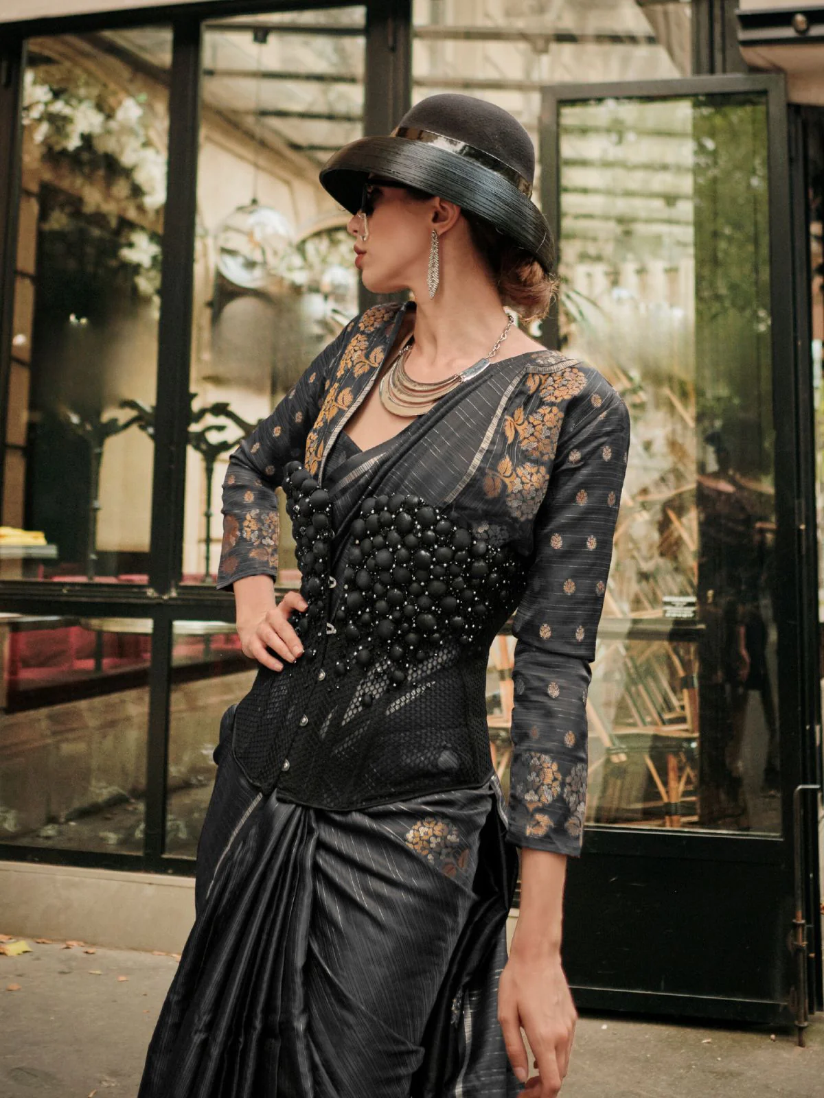 Odette Black Satin Woven Saree With Unstitched Blouse For Women - Image 2