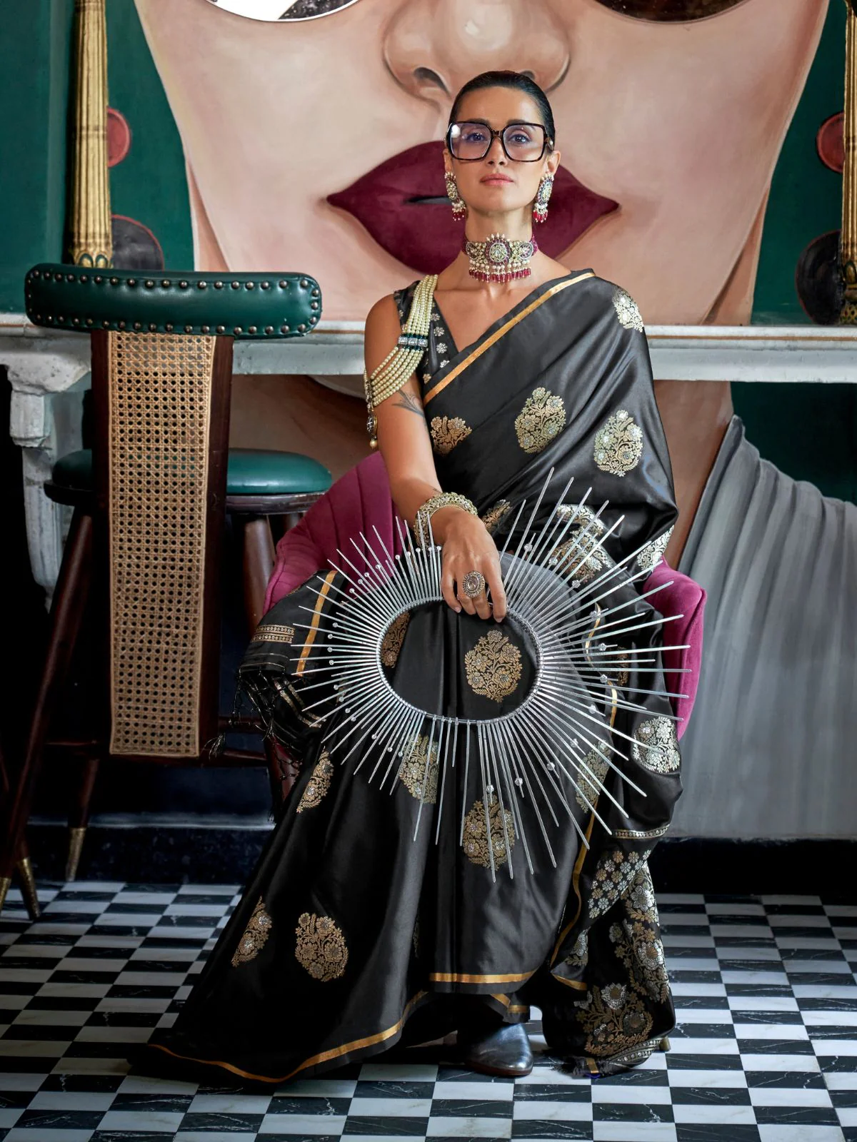 Odette Black Satin Woven Saree With Unstitched Blouse For Women - Image 2