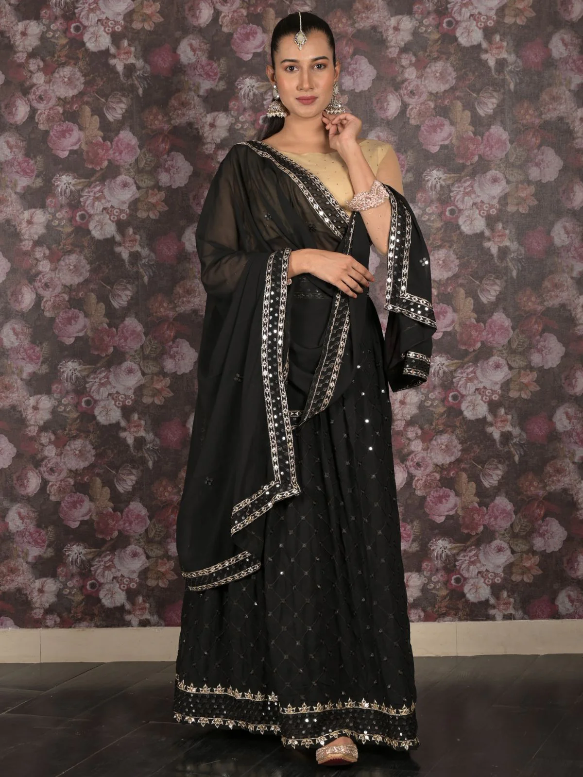 Odette Black Semi Stitched Sequins Embroidered Lehenga with Unstitched Blouse And Dupatta For Women - Image 2