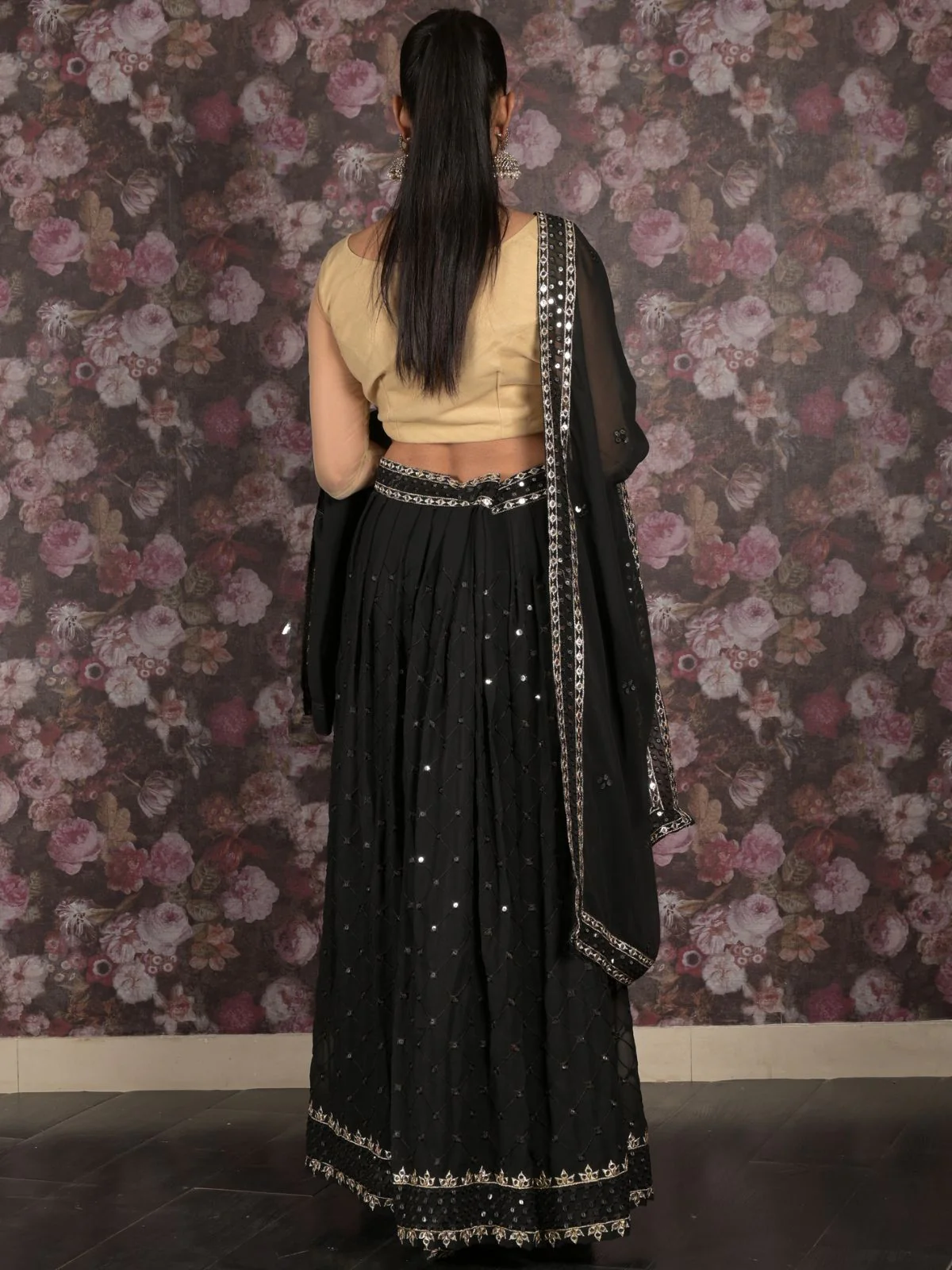 Odette Black Semi Stitched Sequins Embroidered Lehenga with Unstitched Blouse And Dupatta For Women - Image 4
