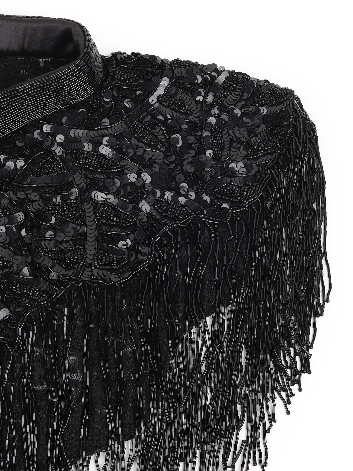 Odette Black Sequins and Beads Embellished Tassels Cape for Women - Image 5
