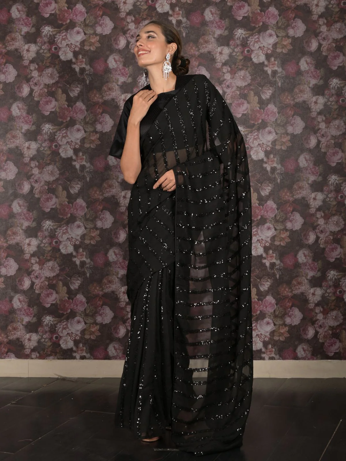 Odette Black Sequins Embroidered Georgette Saree for Women - Image 2