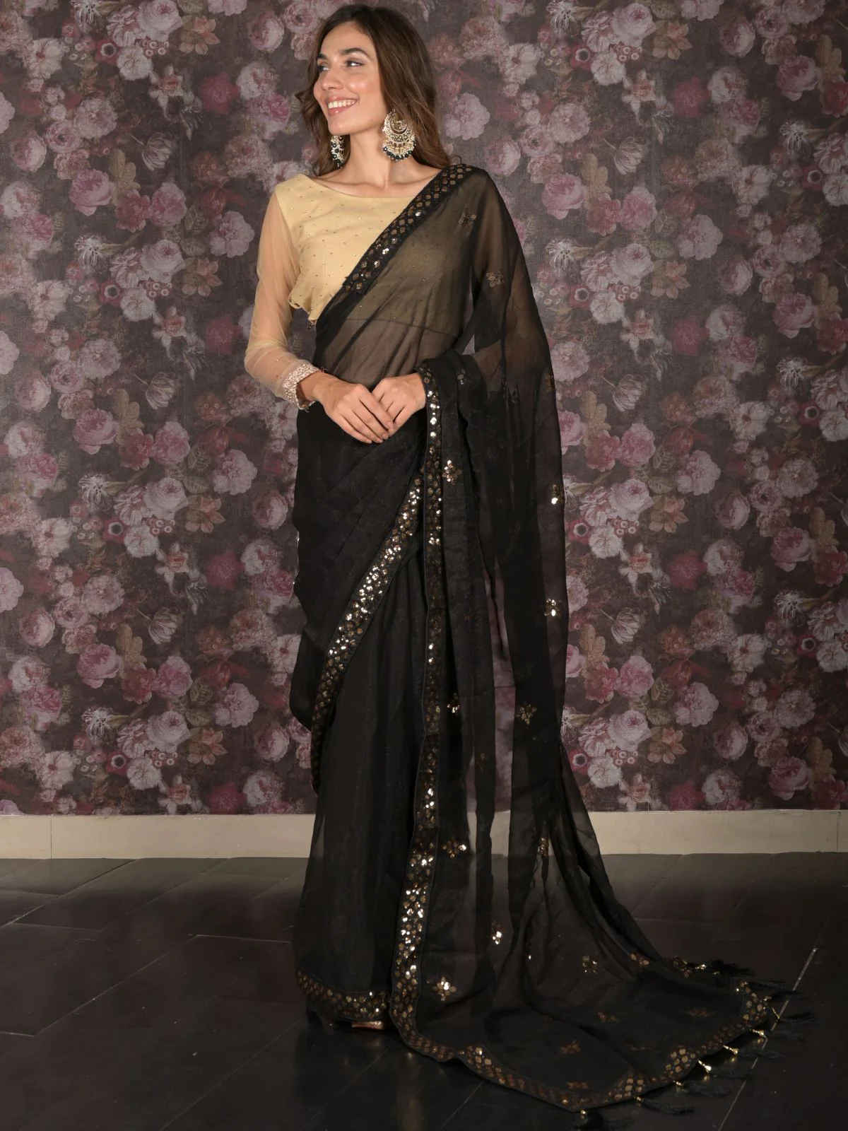 Odette Black Sequins Embroidered Poly Georgette Saree with Unstitched Blouse for Women - Image 2