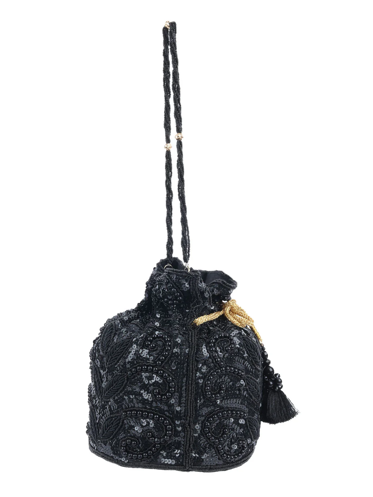 Odette Black Silk Blend Embellished Potli For Women - Image 4