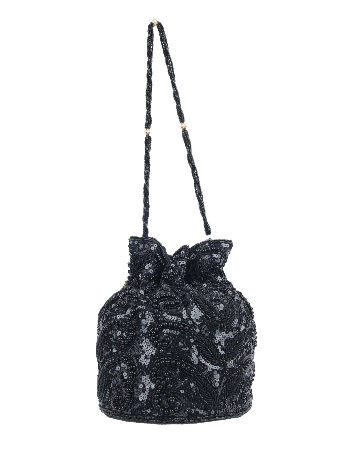 Odette Black Silk Blend Embellished Potli For Women - Image 5