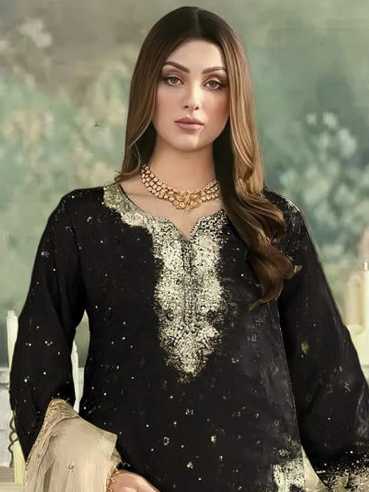 Odette Black Silk Blend Embellished Semi Stitched Kurta Set For Women - Image 2
