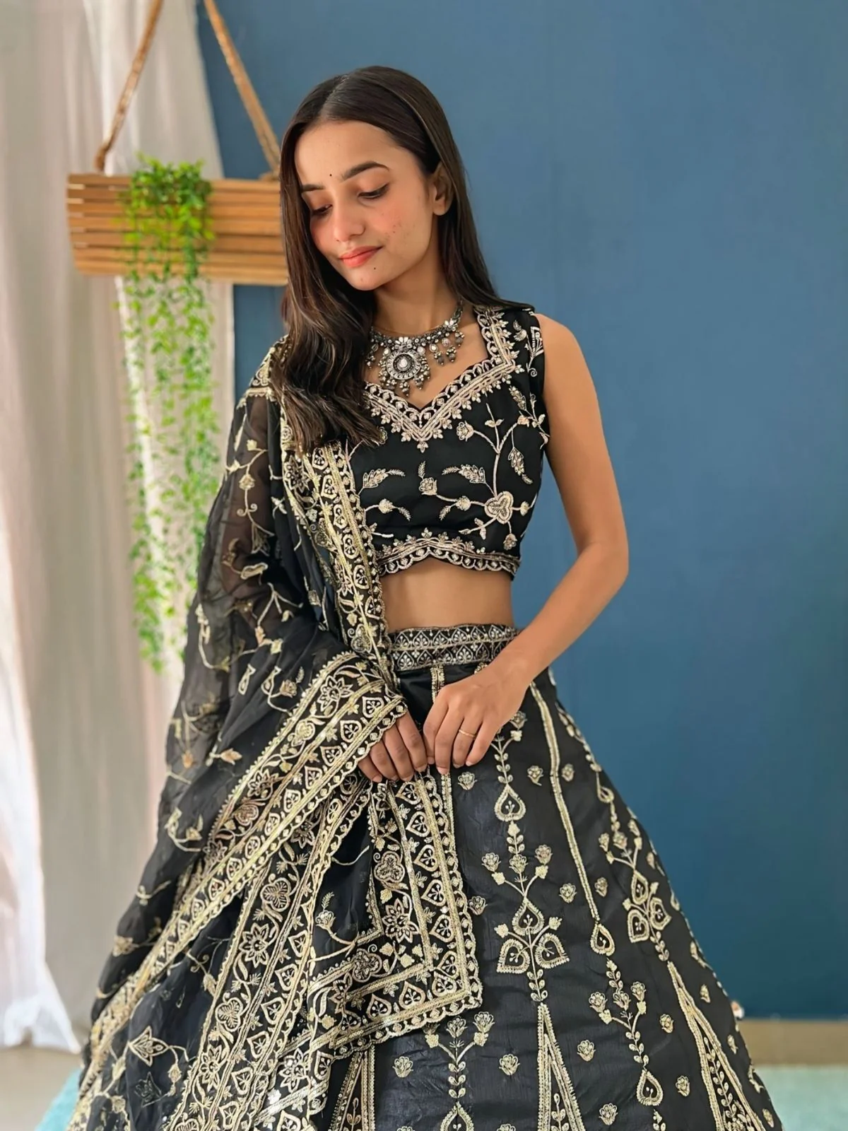 Odette Black Silk Blend Embellished Semi Stitched Lehenga For Women - Image 3