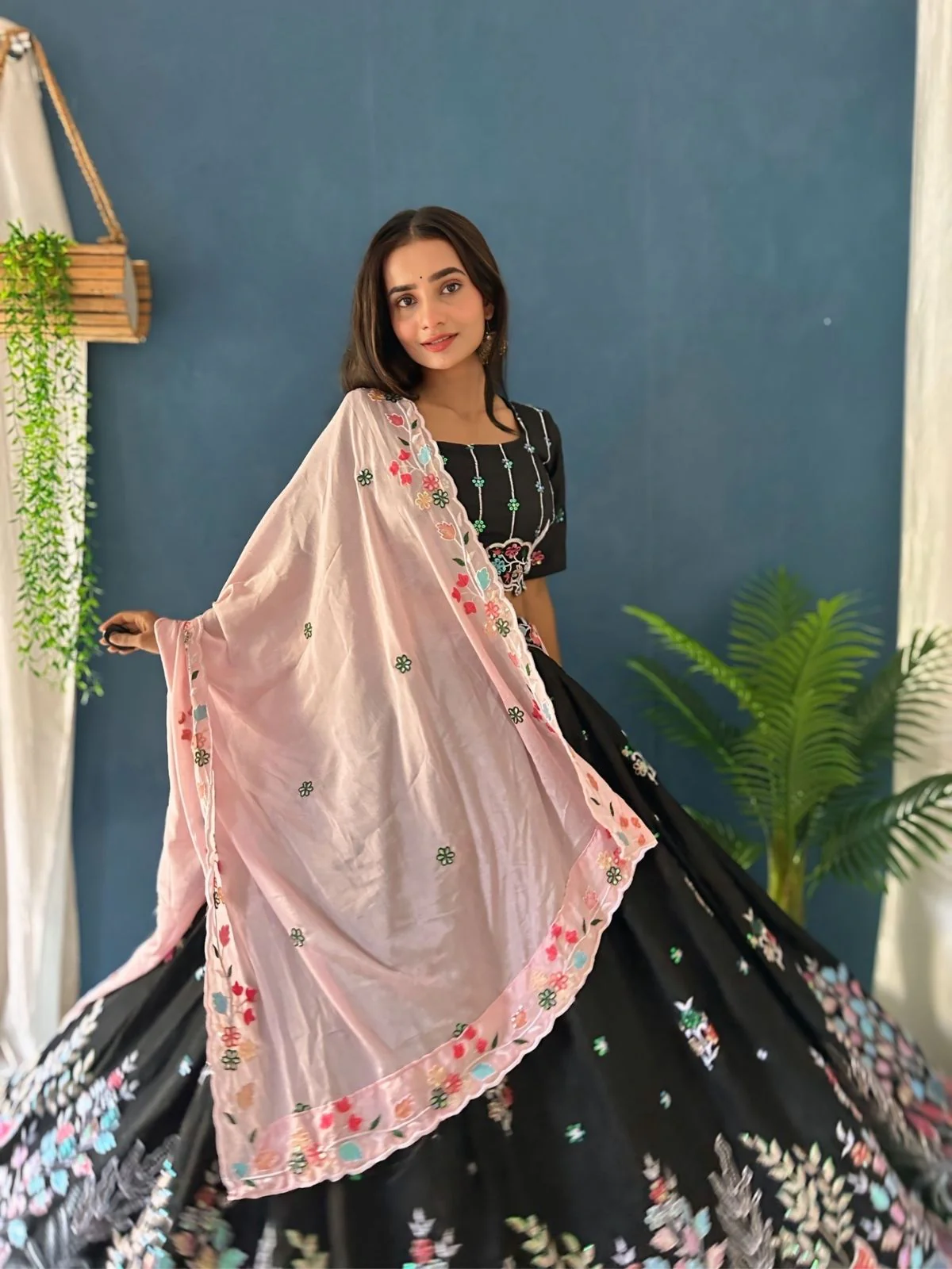 Odette Black Silk Blend Embellished Semi Stitched Lehenga For Women - Image 2