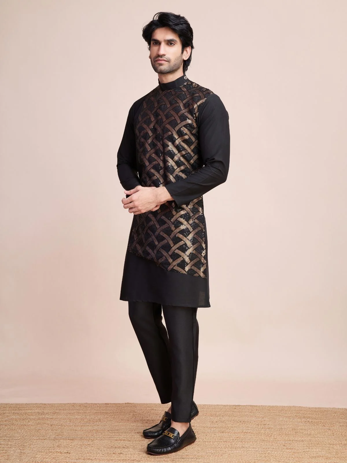 Odette Black Silk Blend Embellished Stitched Kurta With Pant For Men - Image 2
