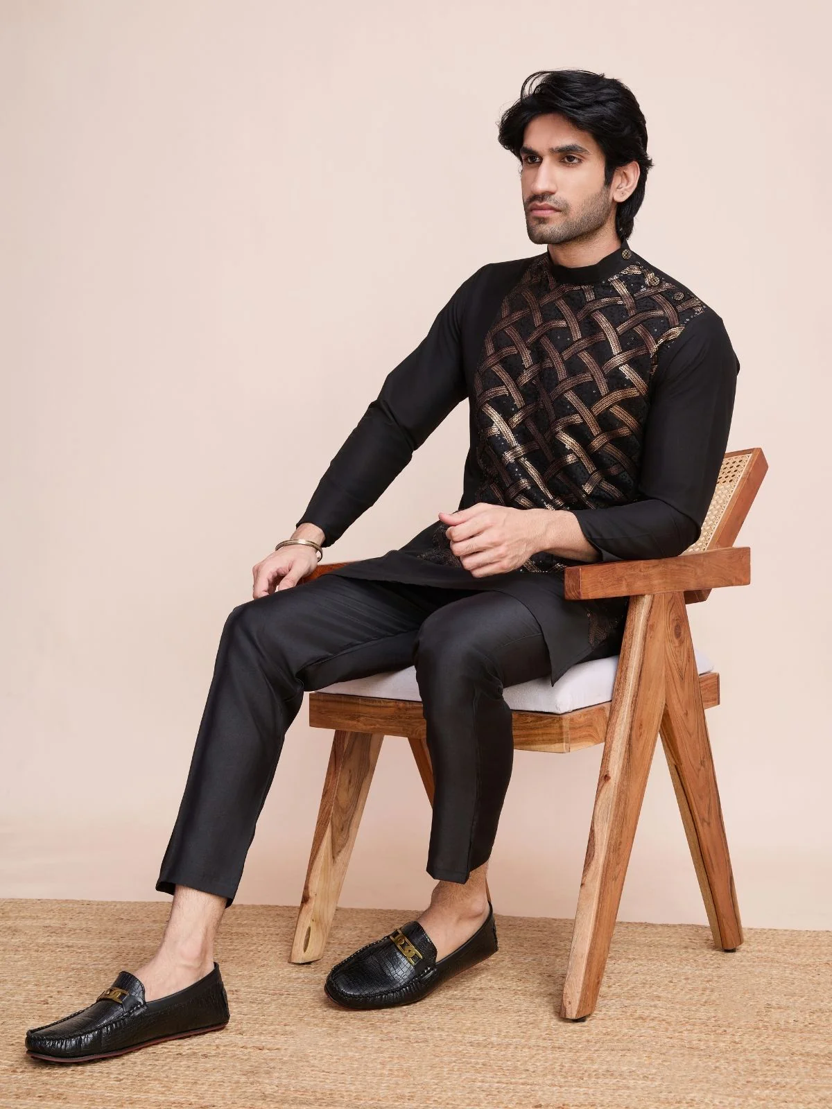 Odette Black Silk Blend Embellished Stitched Kurta With Pant For Men - Image 3