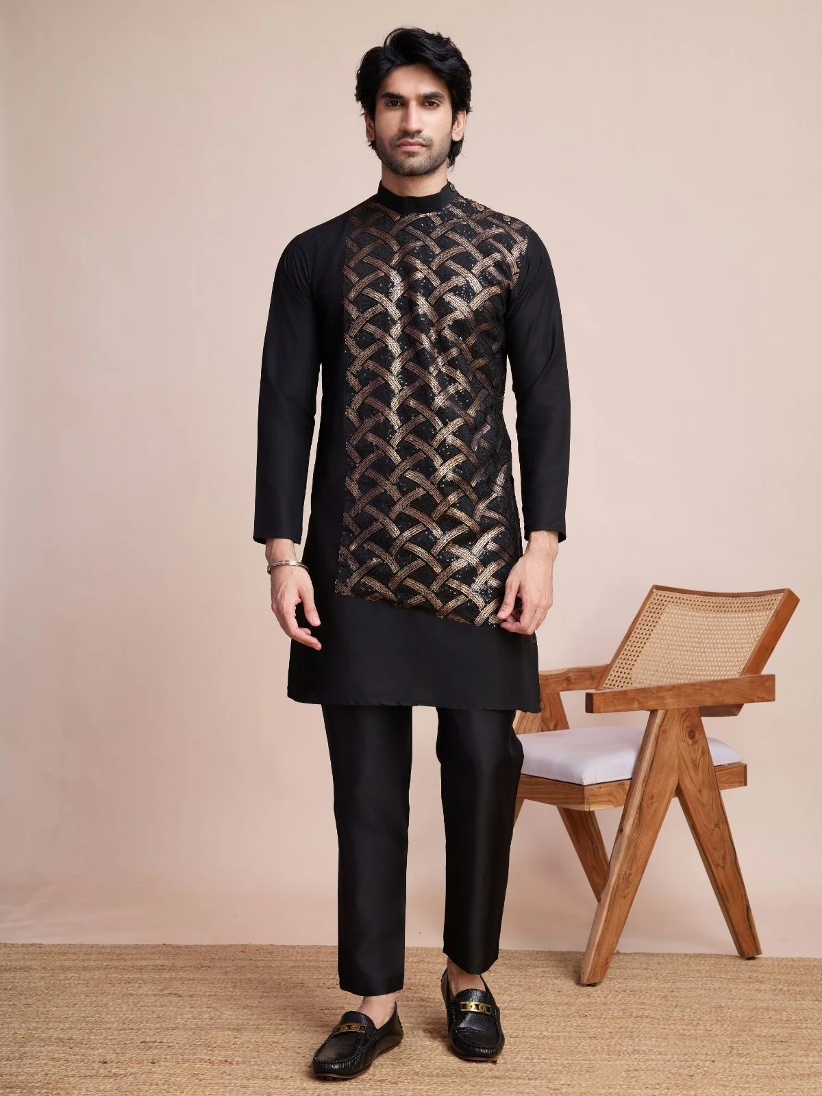 Odette Black Silk Blend Embellished Stitched Kurta With Pant For Men - Image 4
