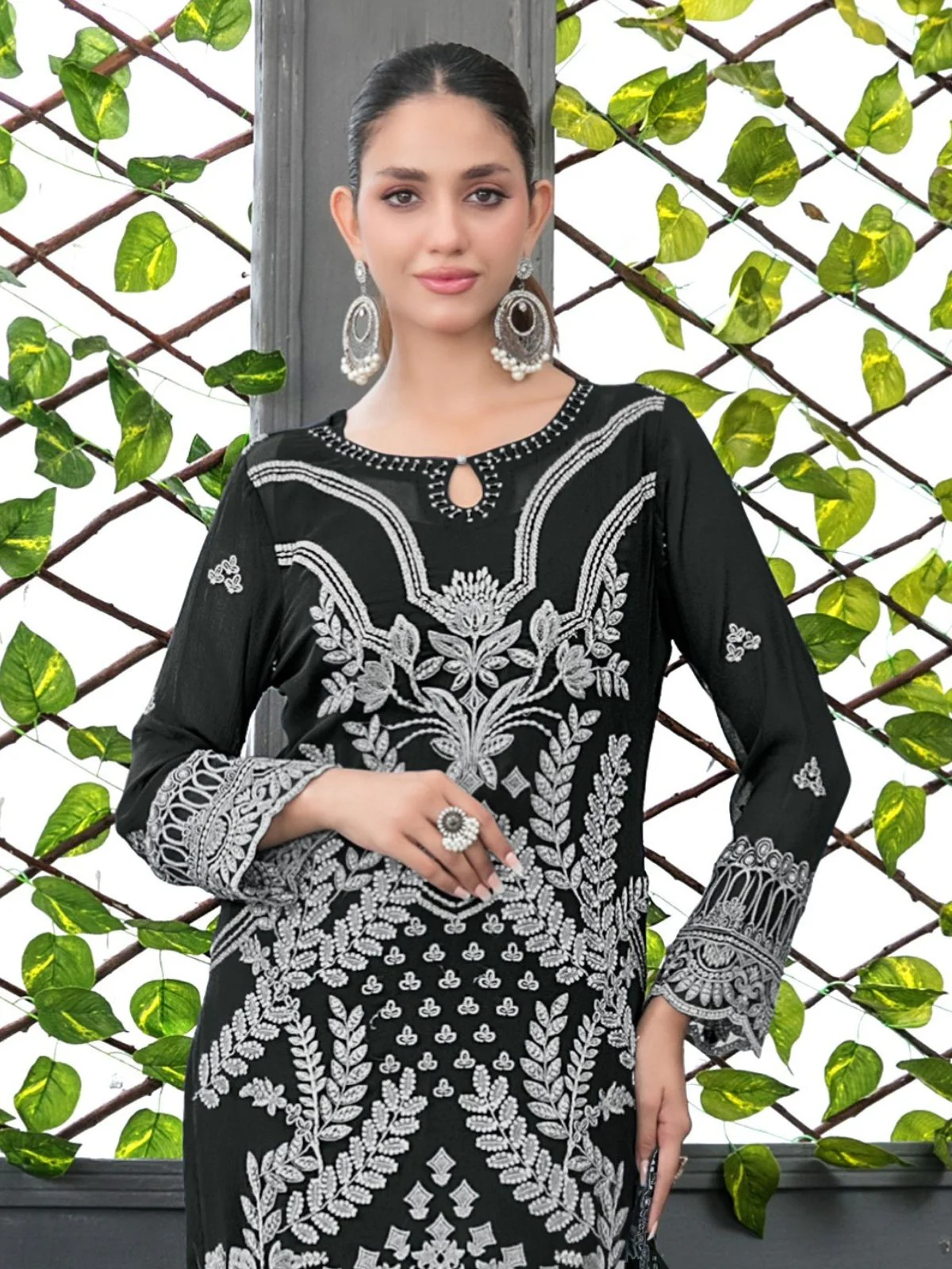 Odette Black Silk Blend Embroidered Semi-Sitched Kurta Set For Women - Image 2