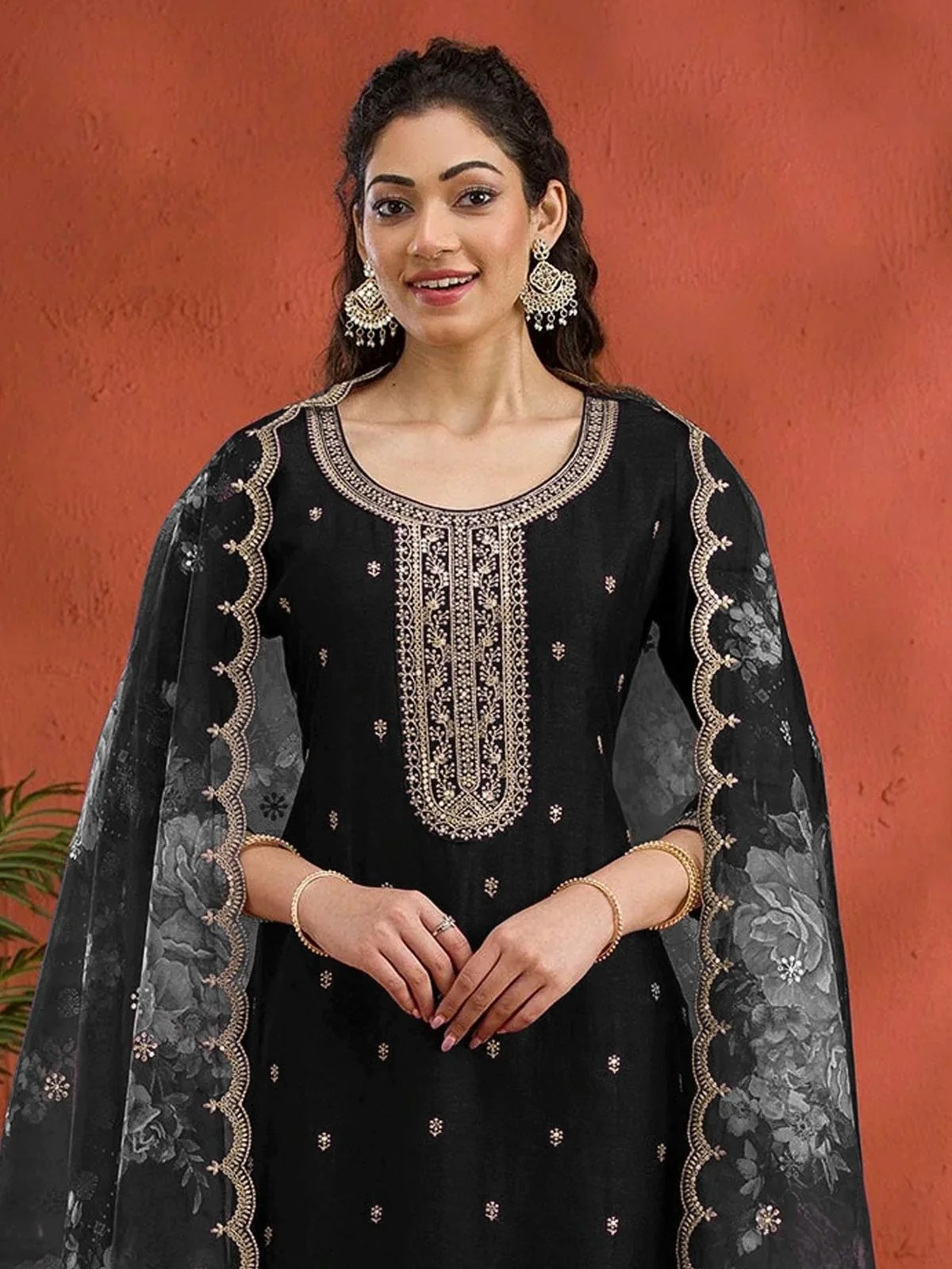 Odette Black Silk Blend Embroidered Semi-Sitched Kurta Set For Women - Image 2