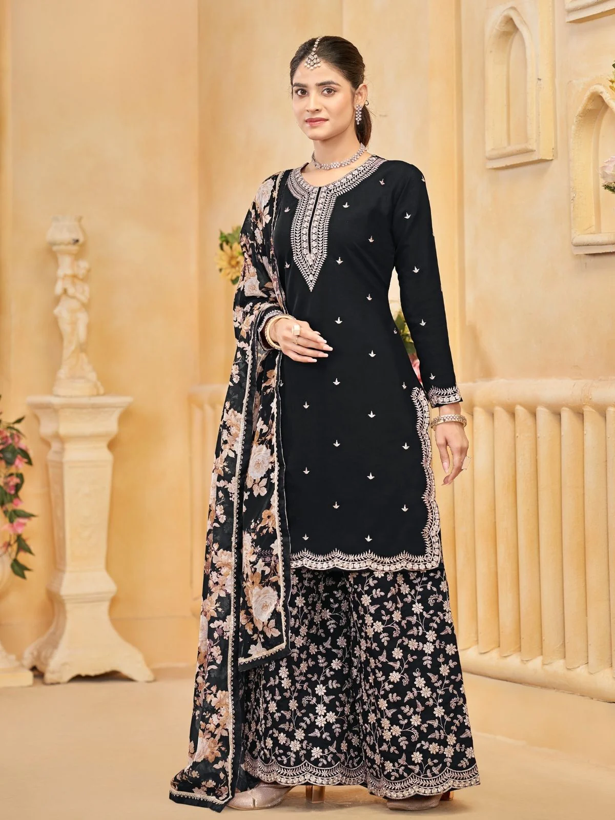Odette Black Silk Blend Embroidered Semi-Stiched Kurta Set For Women - Image 2