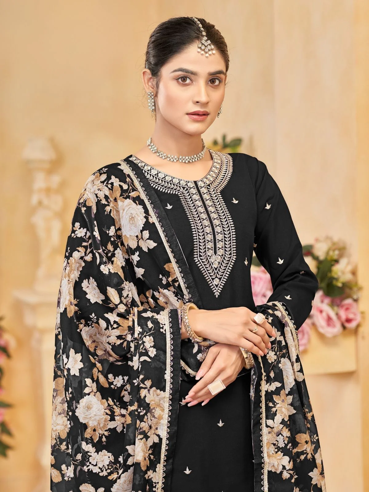 Odette Black Silk Blend Embroidered Semi-Stiched Kurta Set For Women - Image 4