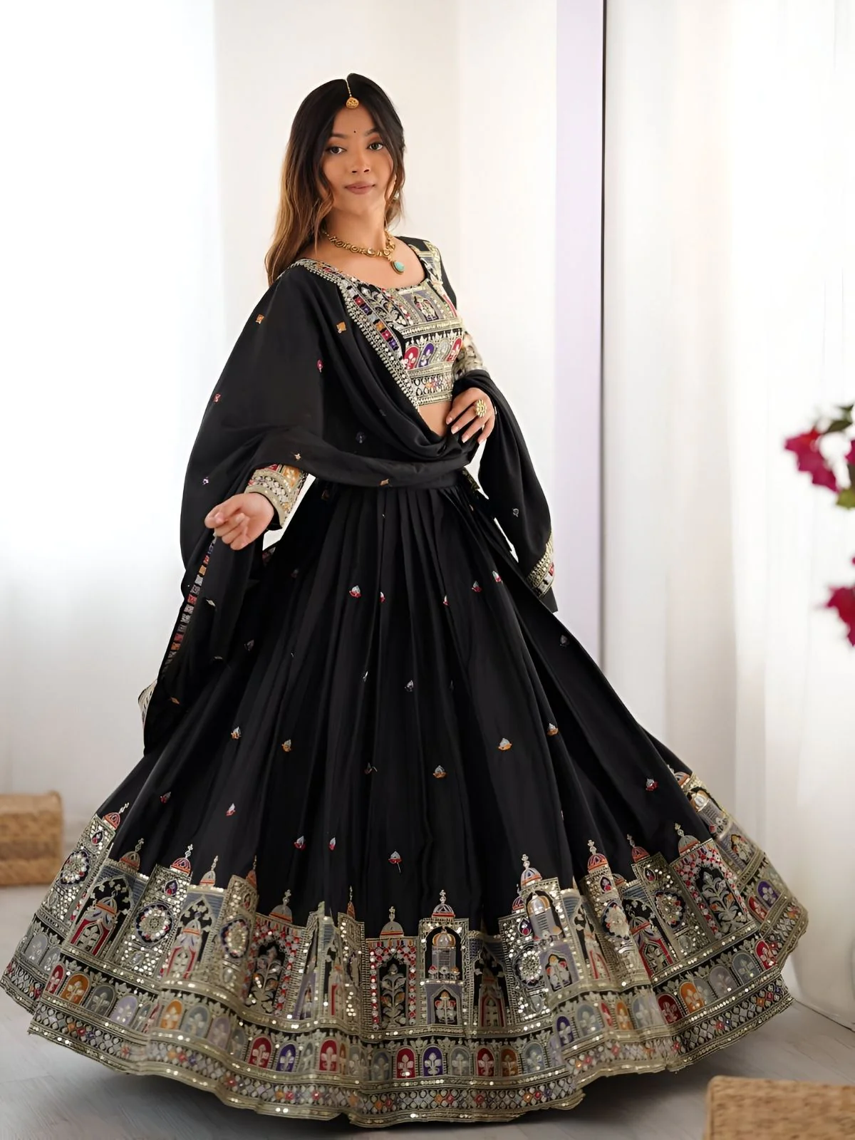 Odette Black Silk Blend Embroidered Semi-Stitched lehenga For Women - Image 3