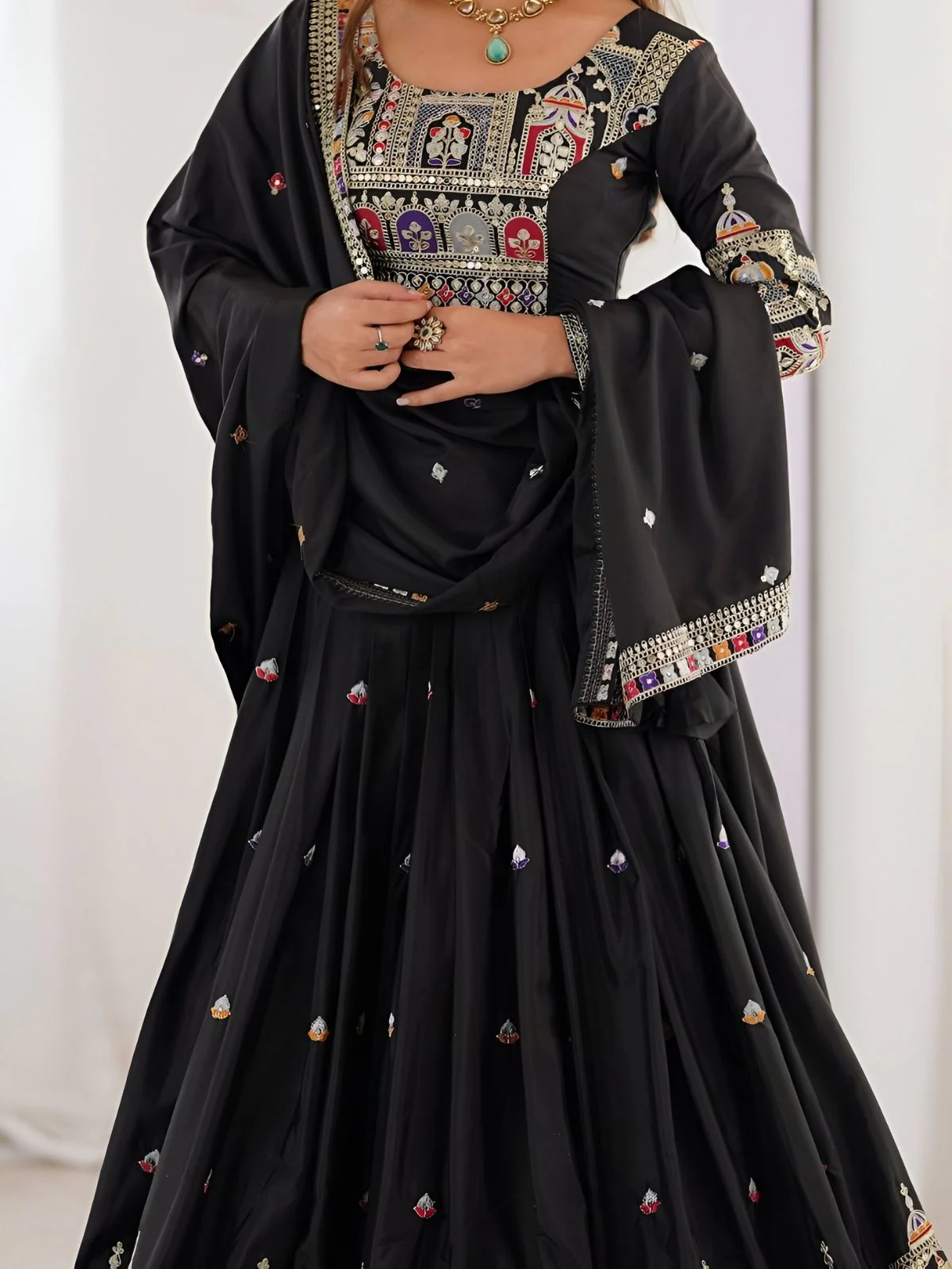 Odette Black Silk Blend Embroidered Semi-Stitched lehenga For Women - Image 5