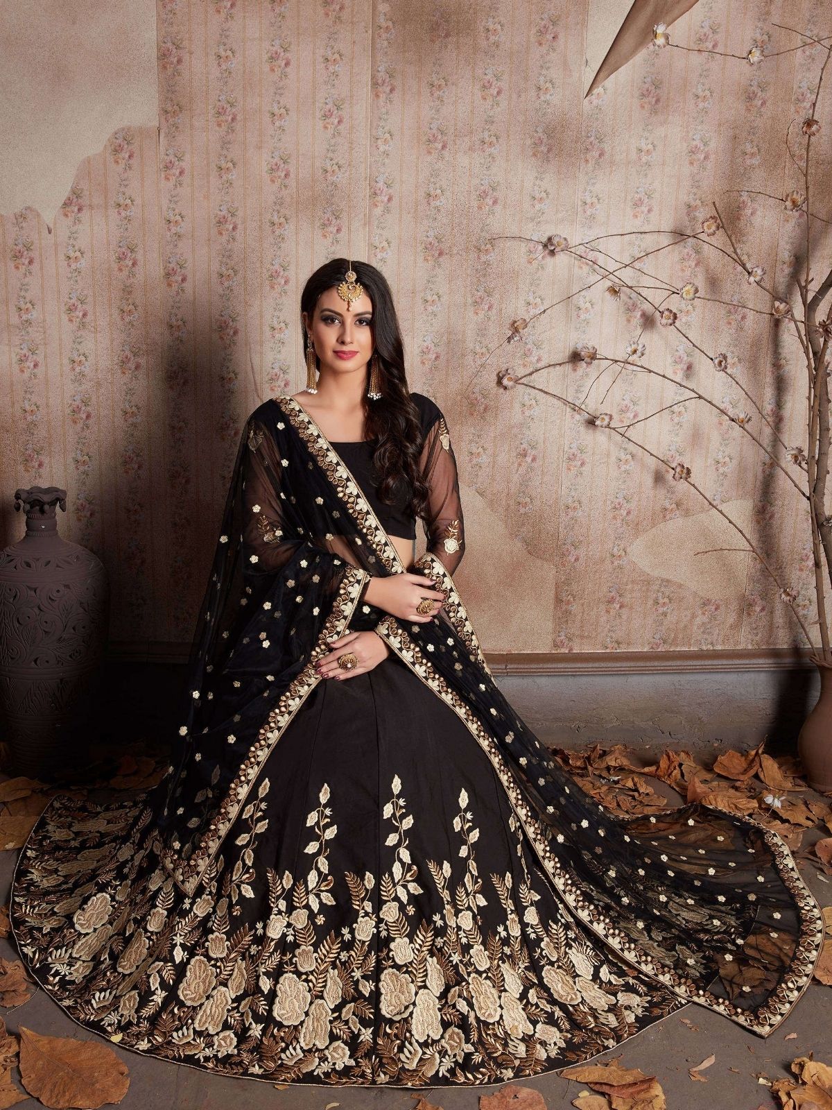 Odette Black Silk Blend Embroidered Semi-Stitched lehenga For Women - Image 2