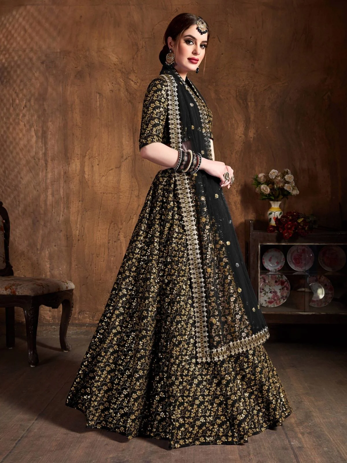 Odette Black Silk Blend Embroidered Semi Stitched Lehenga With Blouse For Women - Image 2