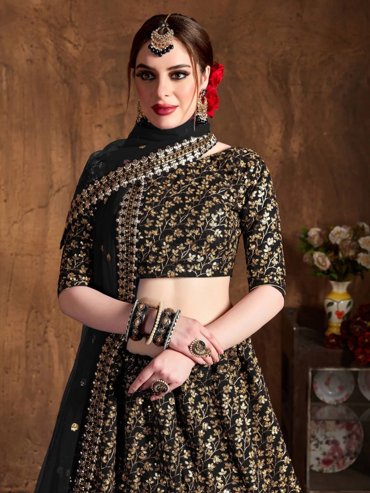 Odette Black Silk Blend Embroidered Semi Stitched Lehenga With Blouse For Women - Image 5