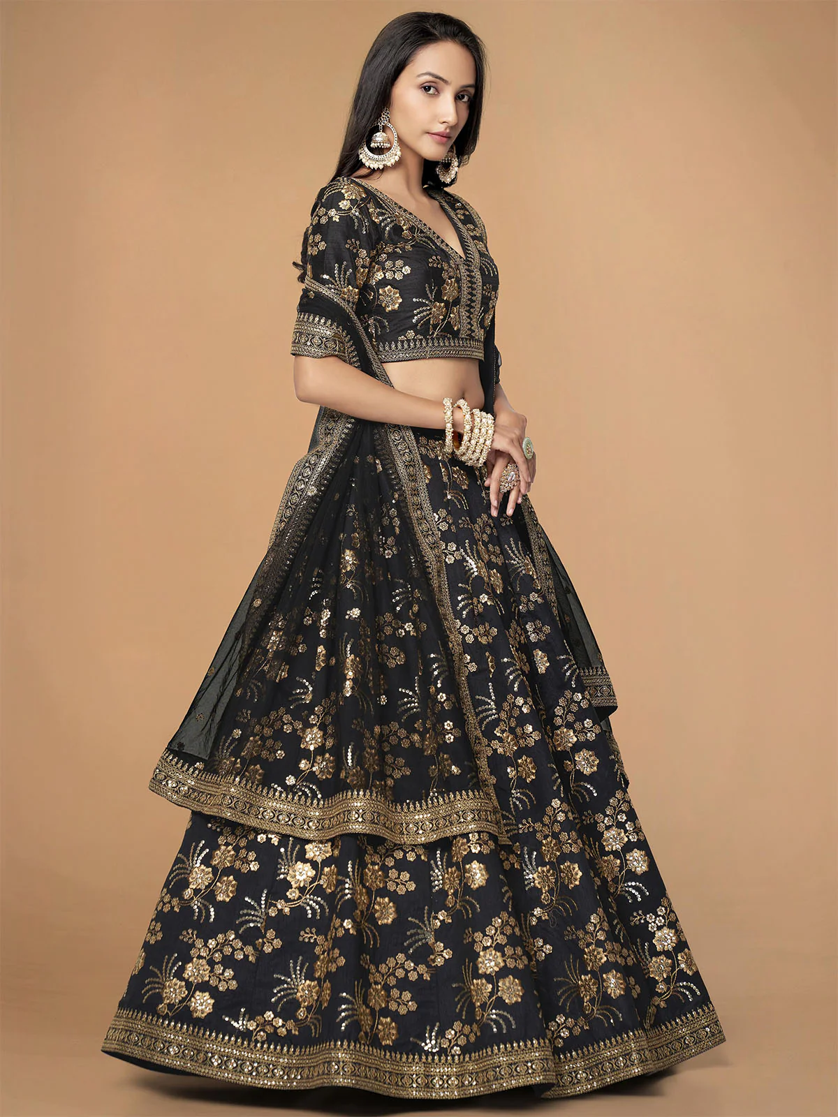 Odette Black Silk Blend Embroidered Semi Stitched Lehenga With Unstitched Blouse For Women - Image 2