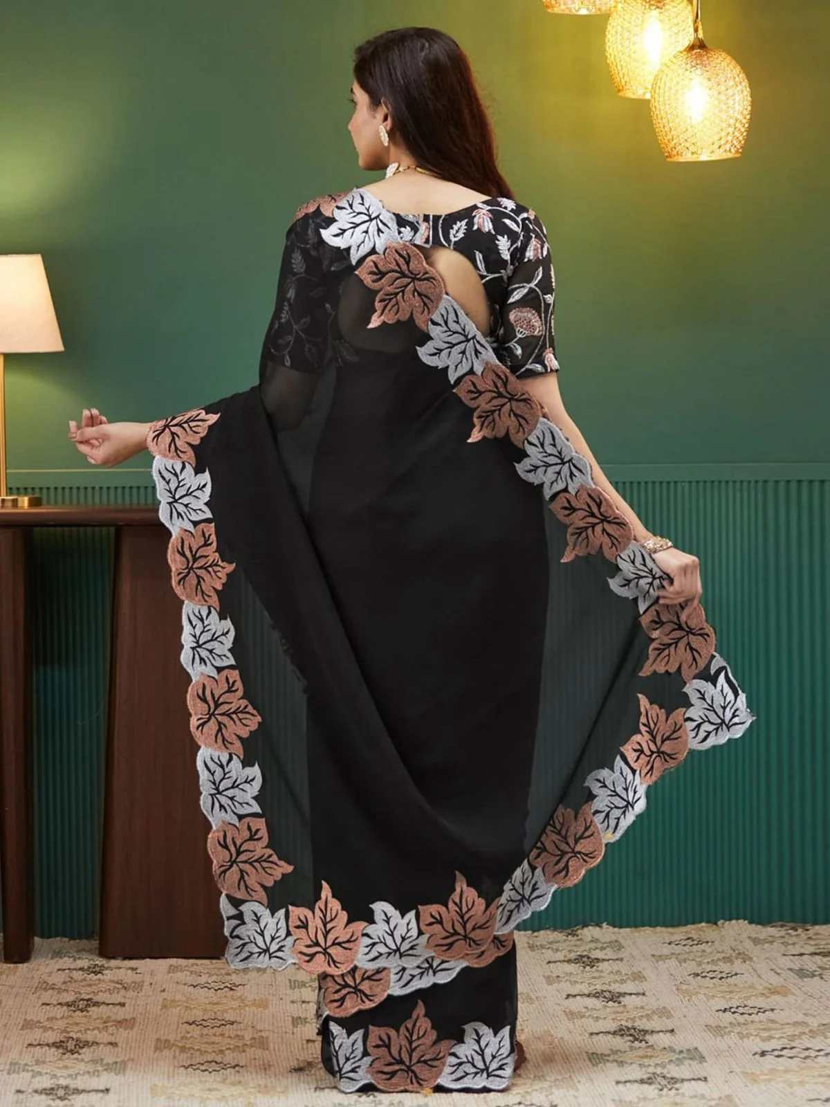 Odette Black Silk Blend Embroidered Solid Saree For Women - Image 2