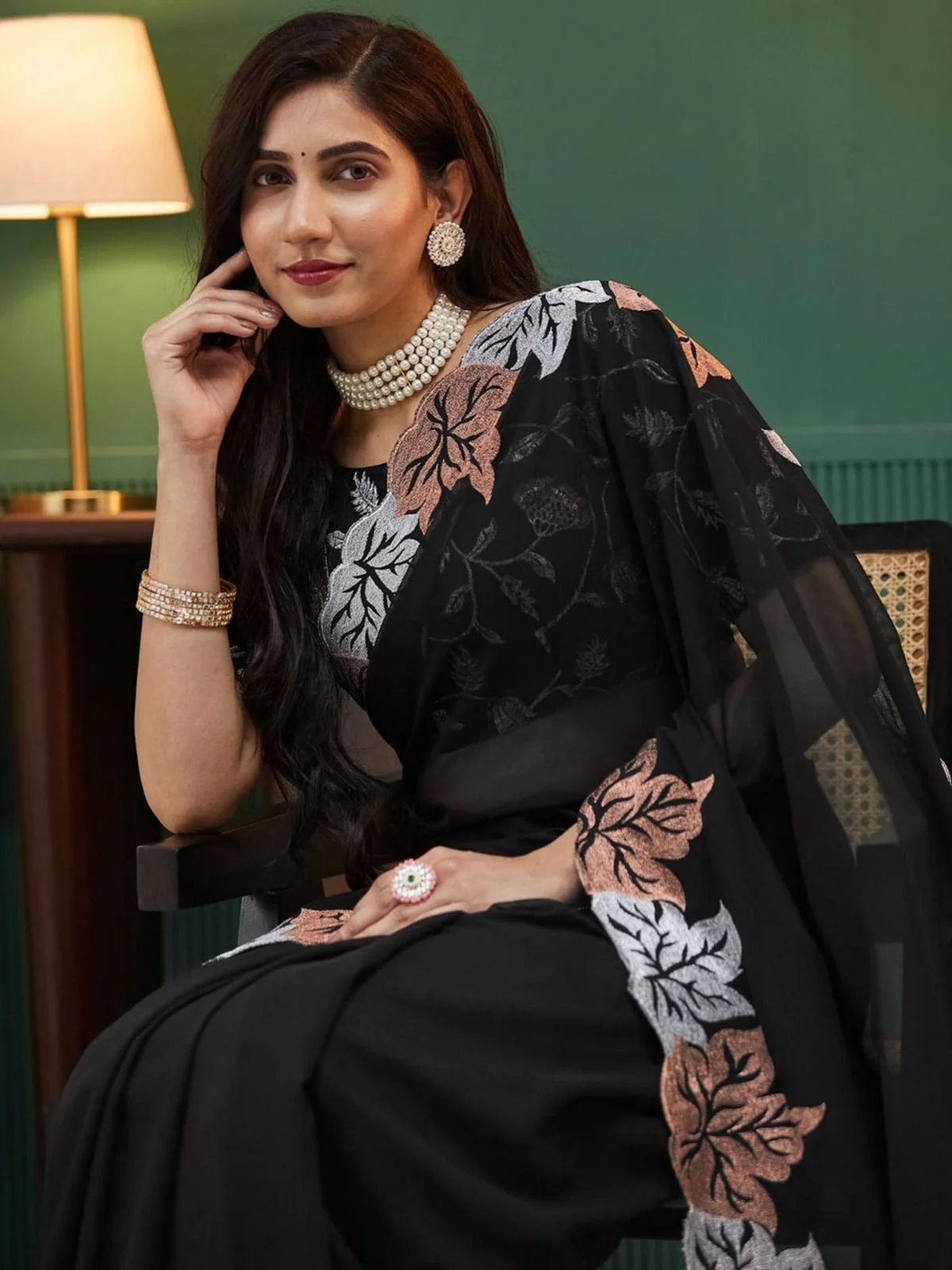 Odette Black Silk Blend Embroidered Solid Saree For Women - Image 4