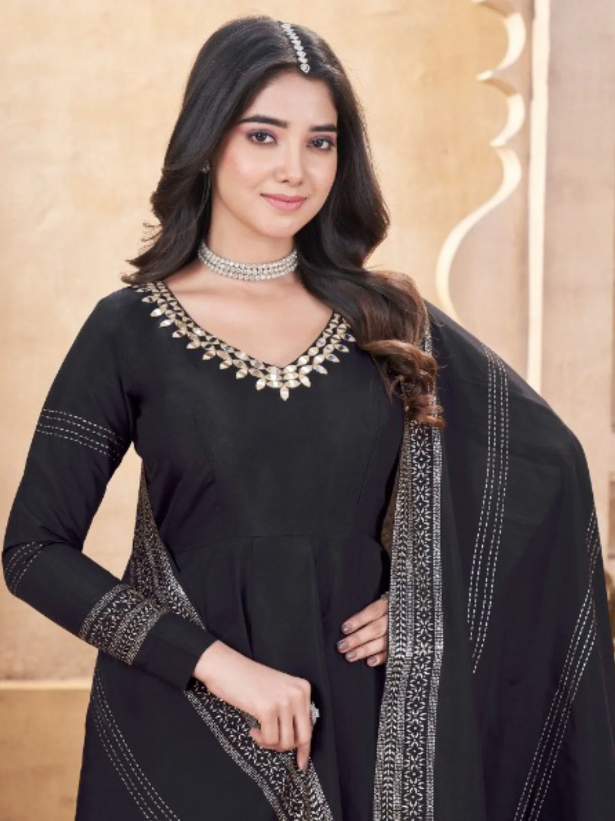Odette Black Silk Blend Embroidered Stitched Kurta Set For Women - Image 3