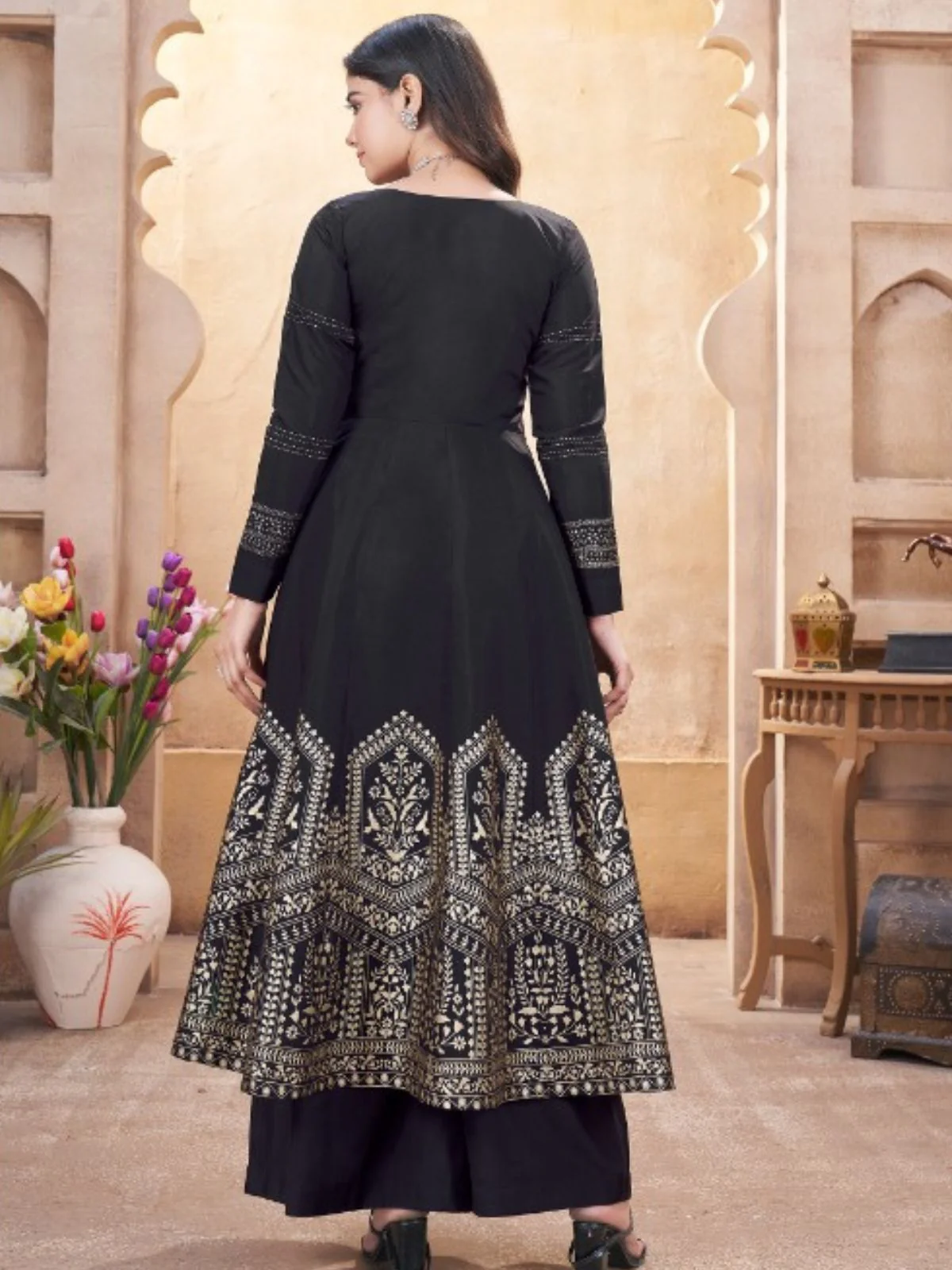 Odette Black Silk Blend Embroidered Stitched Kurta Set For Women - Image 4