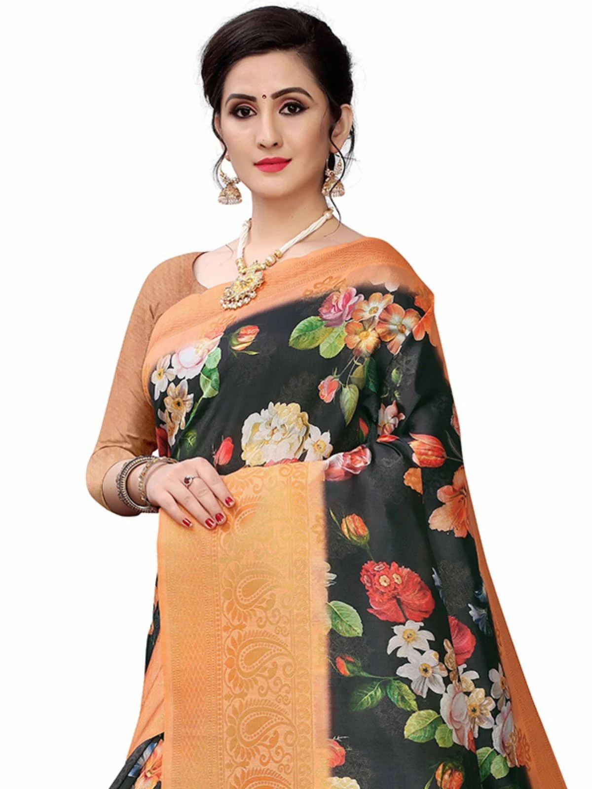 Odette Black Silk Blend Floral Printed Saree For Women - Image 4