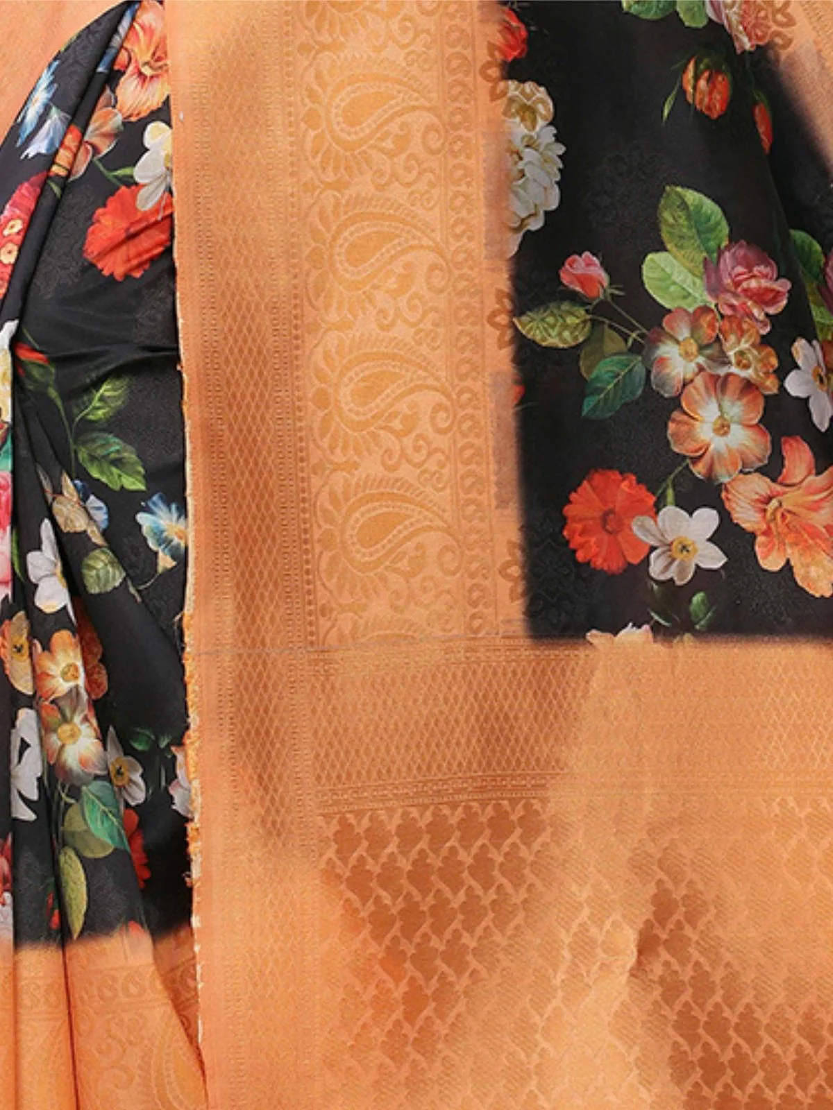 Odette Black Silk Blend Floral Printed Saree For Women - Image 5